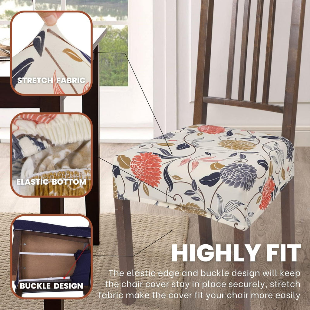 Searchi Stretch Dining Chair Seat Covers Set Of 8, Soft Removable Washable Seat Covers For Dining Chairs, Dining Room Seat Cover Slipcover Protector (Rear-Covered, Orange Flower)