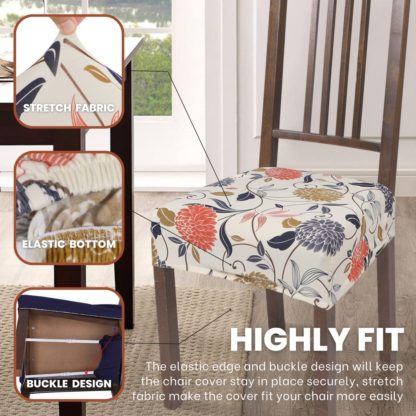 Searchi Stretch Dining Chair Seat Covers Set Of 8, Soft Removable Washable Seat Covers For Dining Chairs, Dining Room Seat Cover Slipcover Protector (Rear-Covered, Orange Flower)