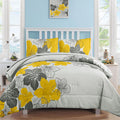 Yellow Comforter Set Queen Size, Yellow Floral Pattern Printed On Light Grey, Soft Microfiber 7 Pieces Bed In A Bag (1 Comforter