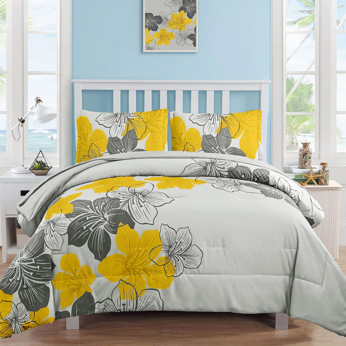 Yellow Comforter Set Queen Size, Yellow Floral Pattern Printed On Light Grey, Soft Microfiber 7 Pieces Bed In A Bag (1 Comforter