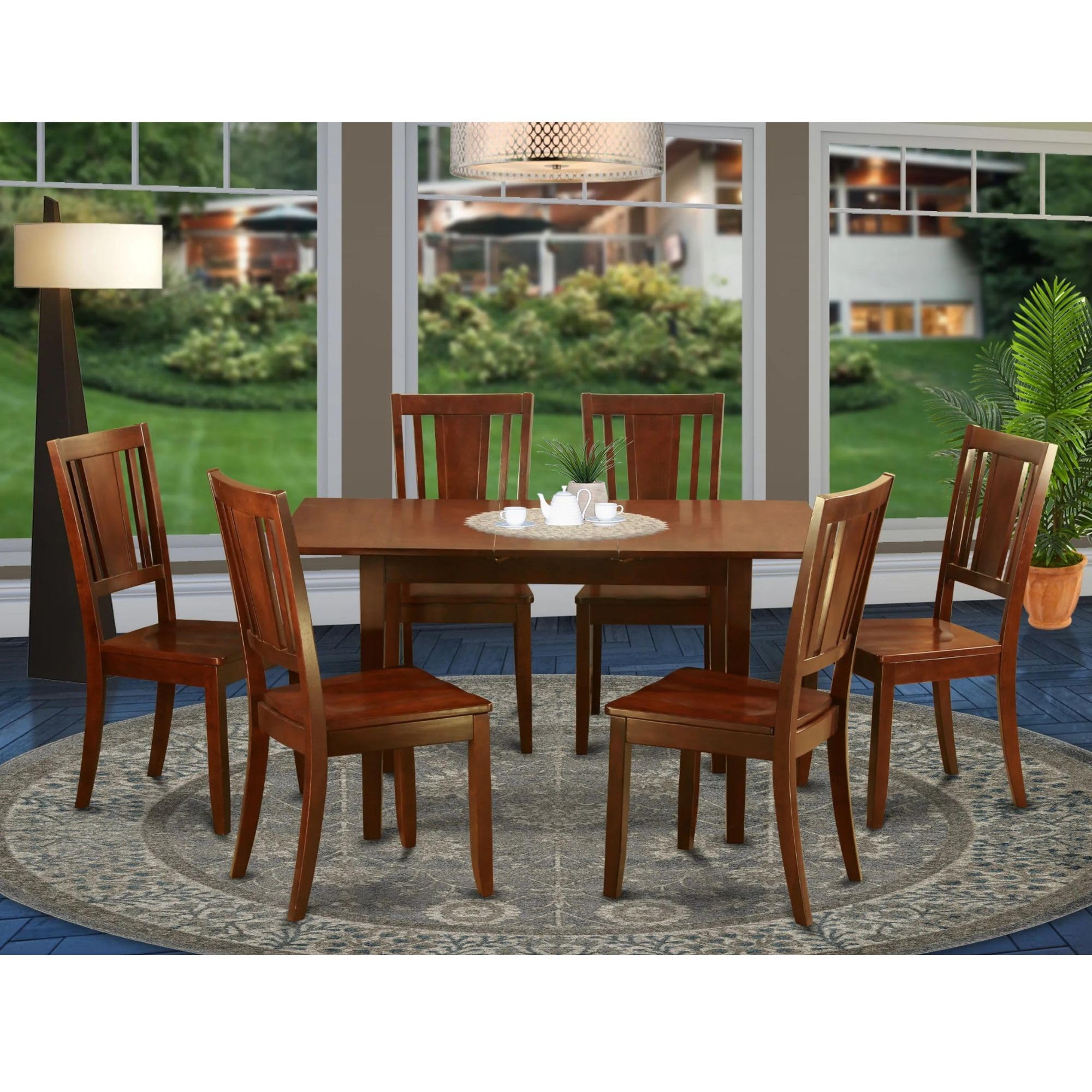 East West Furniture Norfolk 7 Piece Modern Set Consist of a Rectangle Wooden Table with Butterfly Leaf and 6 Dining Room Chairs, 32x54 Inch, Mahogany