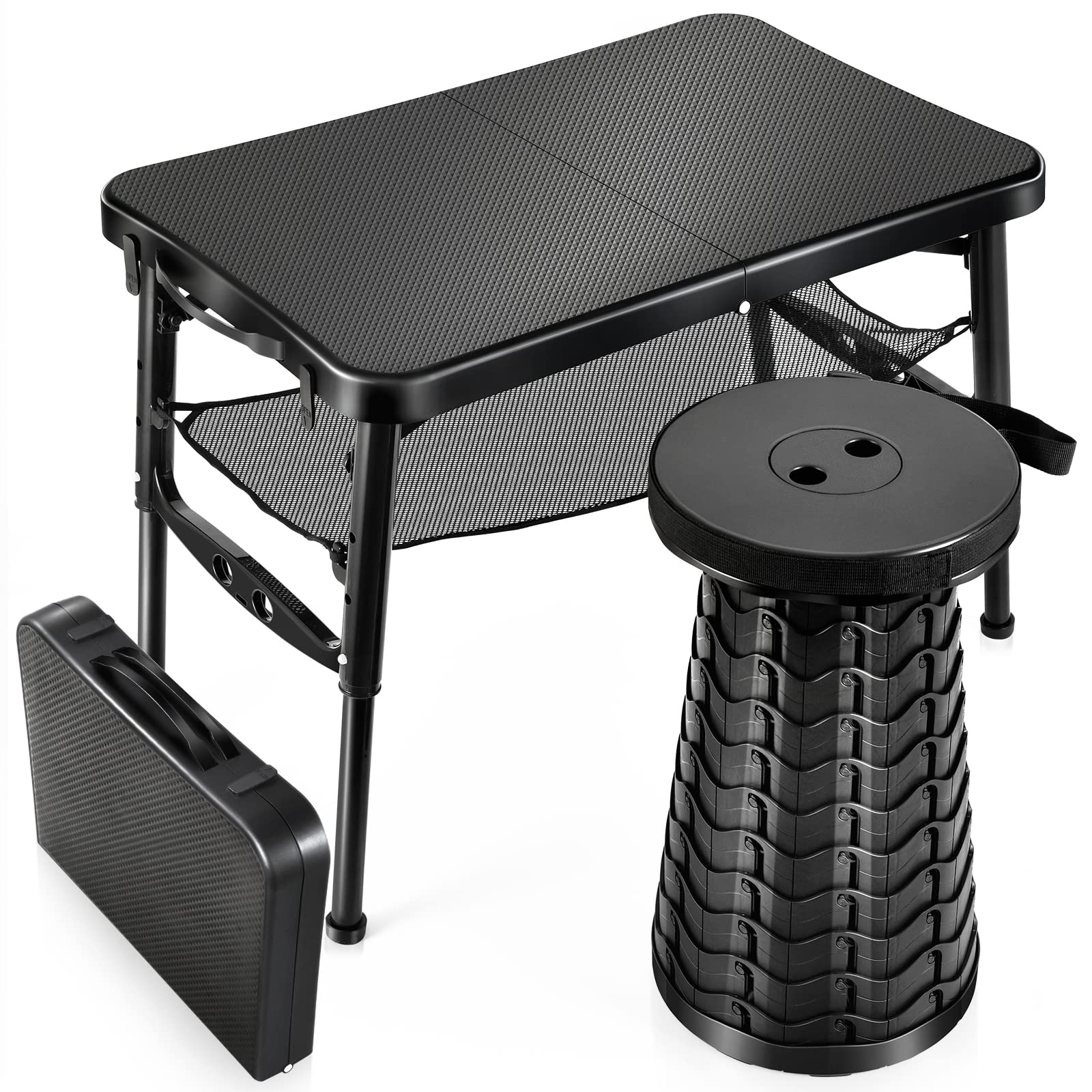 KPR Retractable Small Folding Table and Stool Set, Portable Camping Foldable Table Lightweight Yet More Sturdy with Adjustable S