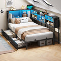 DICTAC Corner Twin Bed Frame with Bookcase Storage and Led Lights Metal Twin Size Platform Beds with Storage and Charging Statio