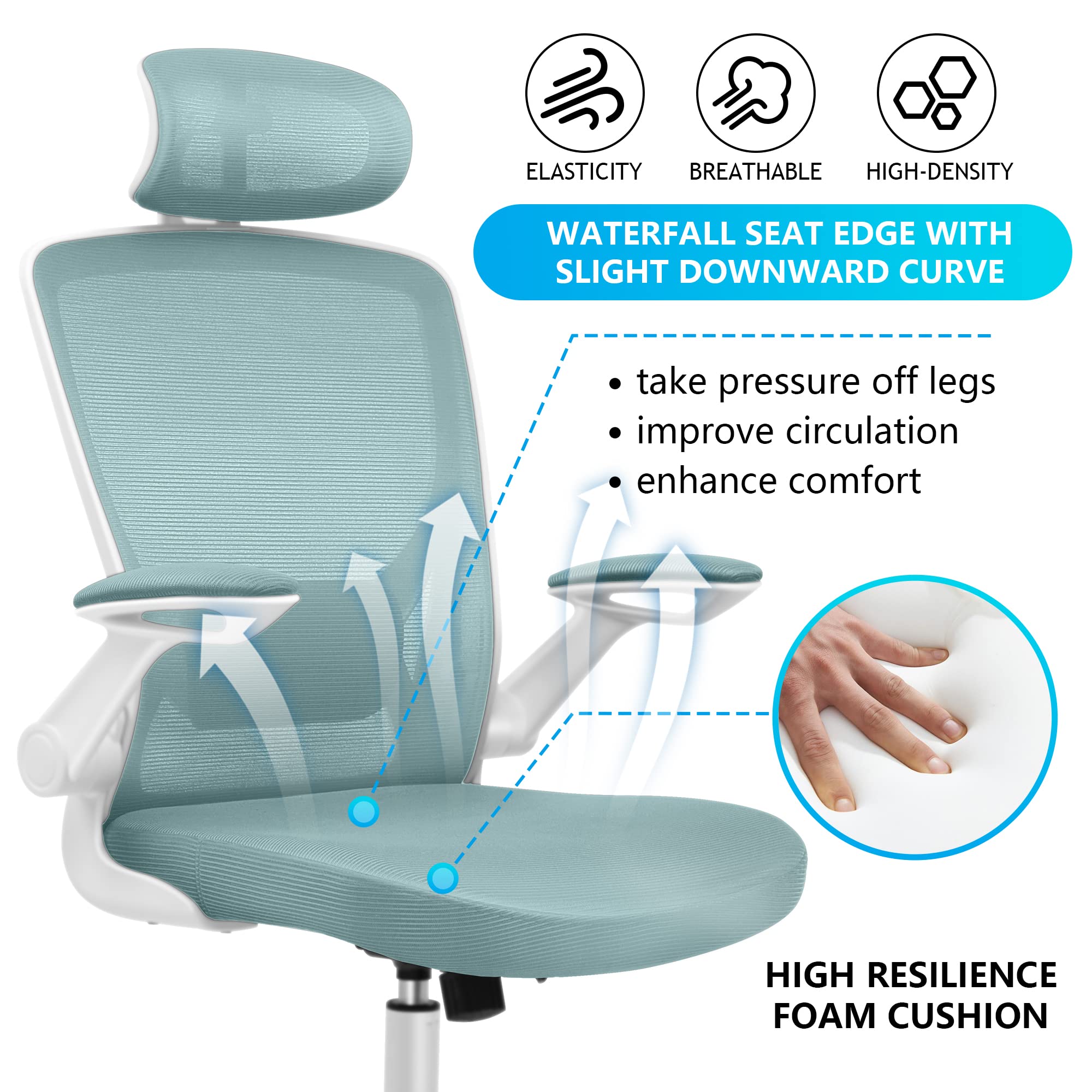 Kerdom Ergonomic Office Chair, Breathable Mesh Desk Chair, Lumbar Support Computer Chair With Headrest And Flip-Up Arms, Swivel Task Chair, Adjustable Height Gaming Chair