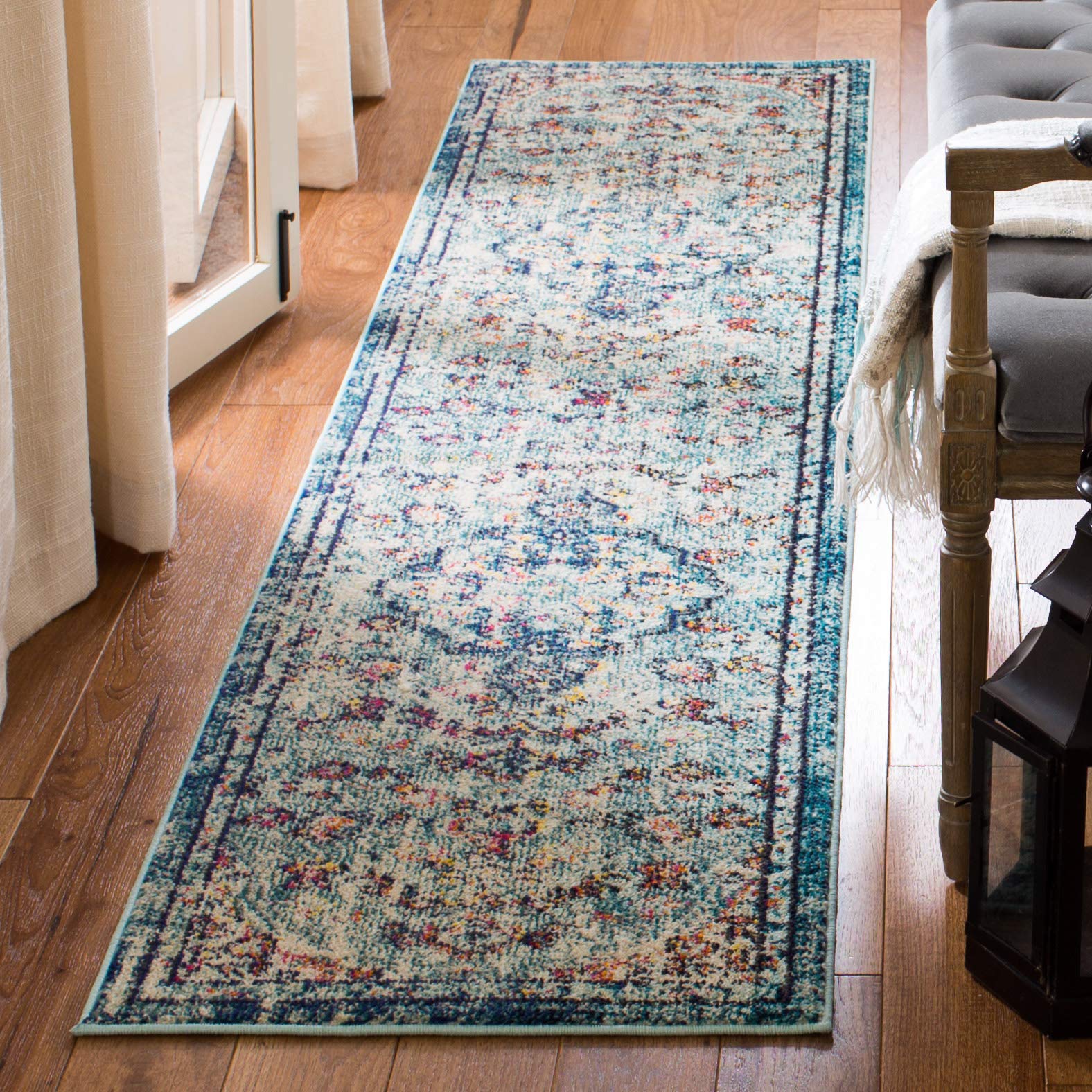 SAFAVIEH Madison Collection Runner Rug - 22 x 12, Navy & Light Blue, Boho Chic Medallion Distressed Design, Non-Shedding & Eas