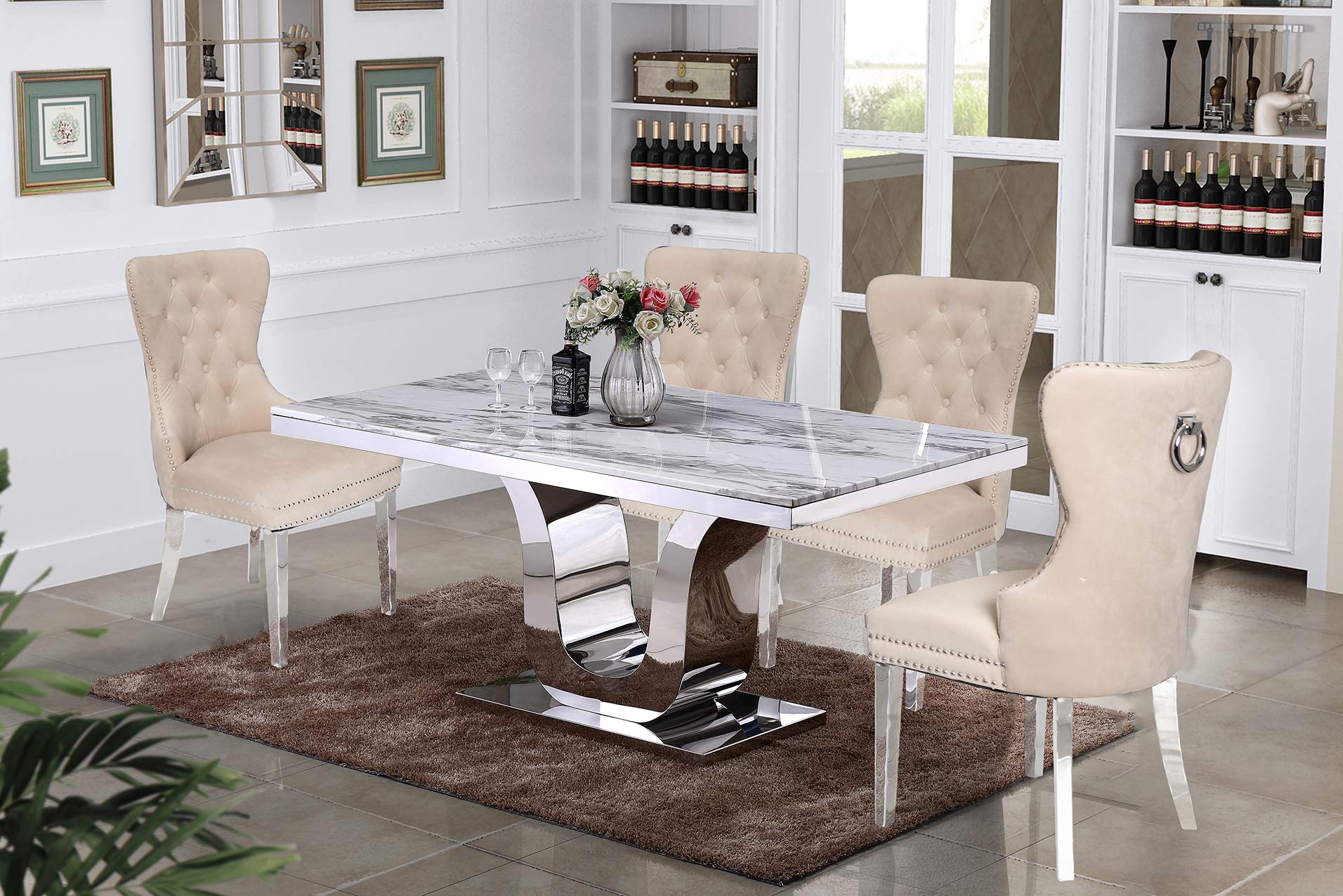 Best Quality Furniture 5Pc Dining Set (1 Table + 4 Chairs), White, Cream