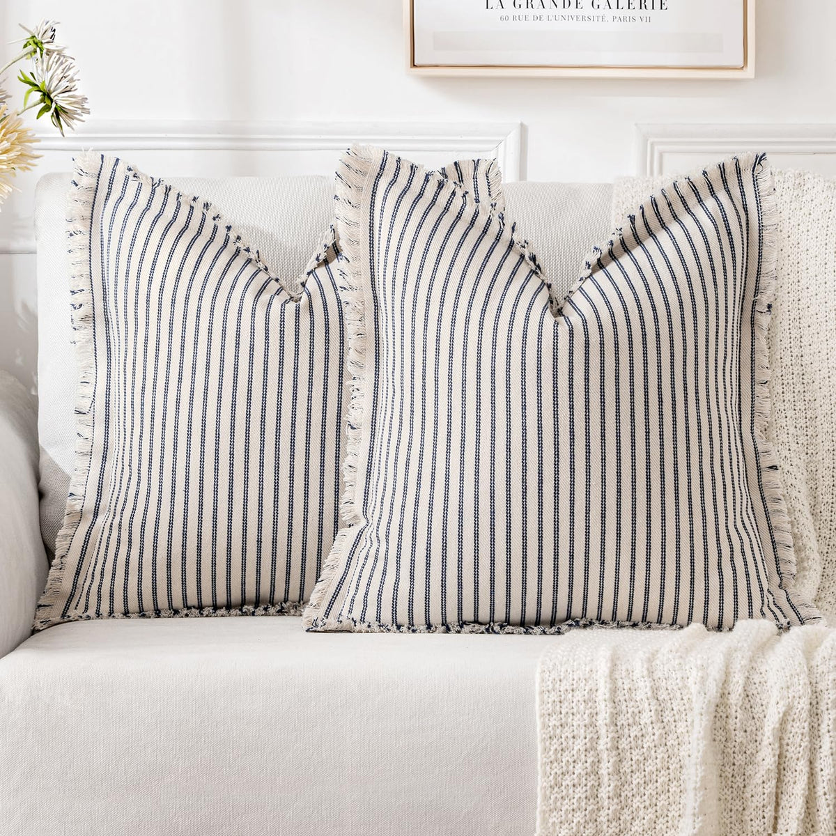 Miulee Pack Of 2 Navy Blue Pillow Covers 18X18 Inch Striped Farmhouse Couch Throw Pillow Covers With Fringe Chic Linen Decorativ