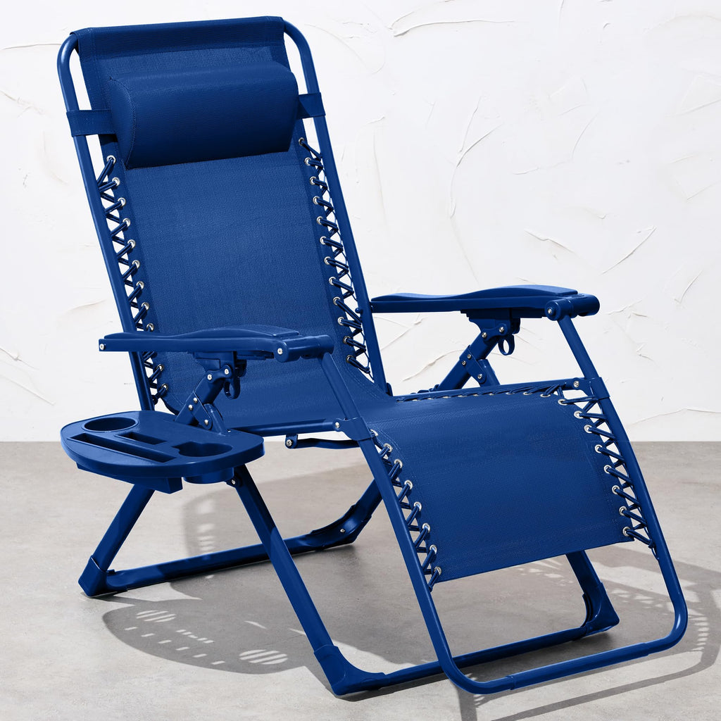 Best Choice Products Adjustable Zero Gravity Chair, Monochromatic Color Folding Patio Recliner W/Side Tray, Headrest - Marine