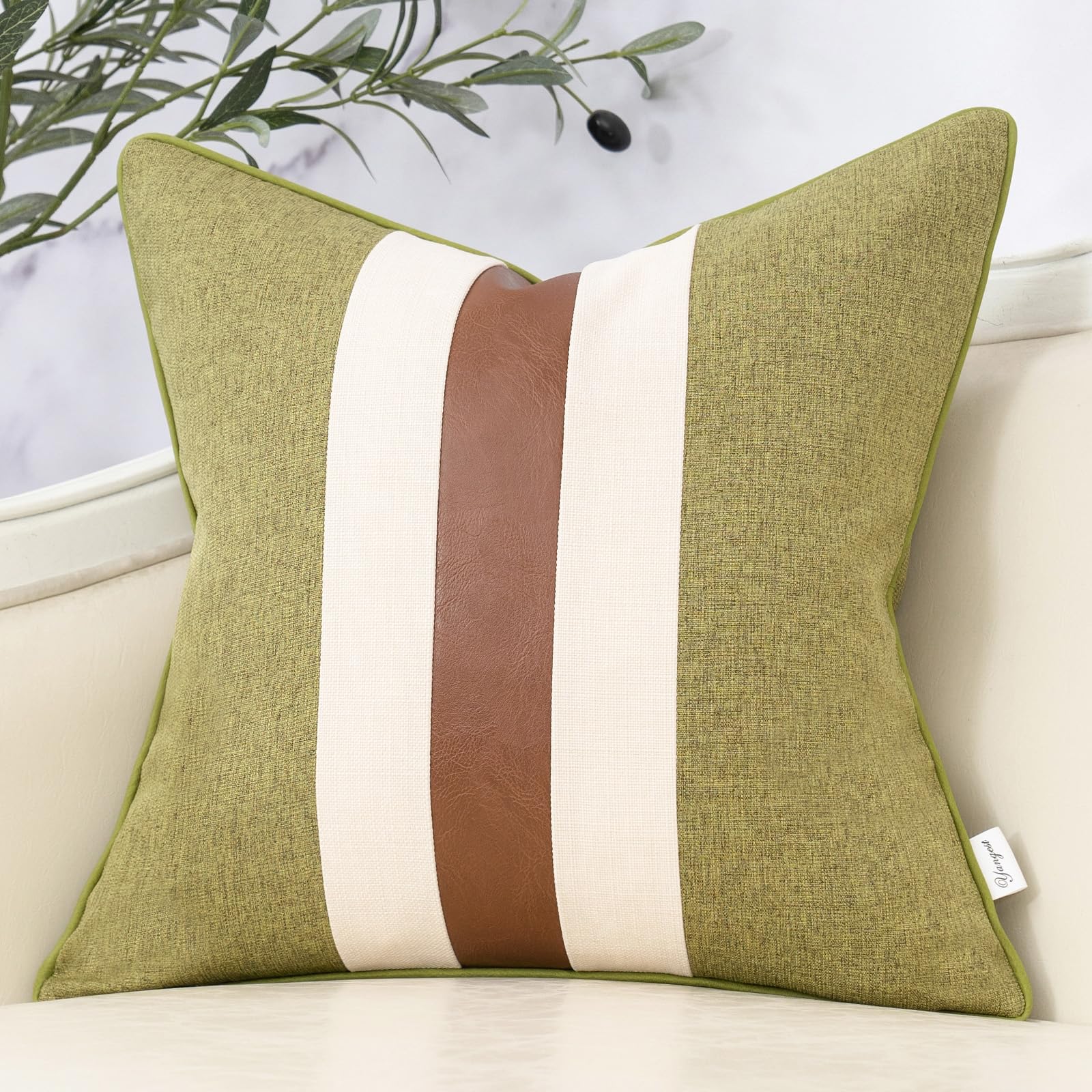 Yangest Patchwork Pillow Cover 20X20 Inch Luxury Cotton And Linen Cushion Cover Faux Leather Pillowcover For Couch Bedroom Livin