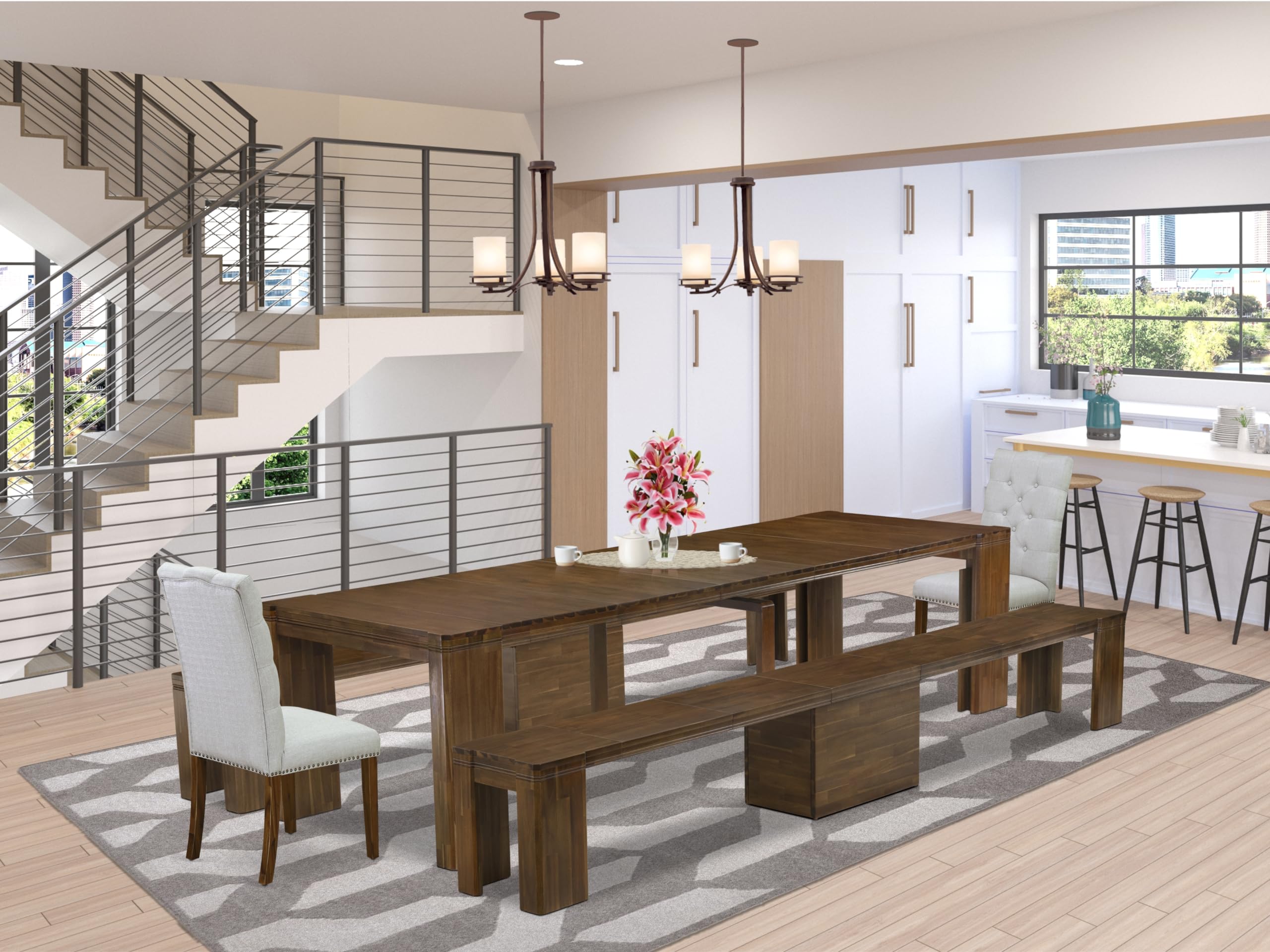 Luxe by East West Furniture - X02EL-208-05 - 5 Pieces Mid Century Dining Table Set contains an Extendable Rectangle Kitchen Table, 2 Dining Chairs and 2 Modern Benches, 39x120 Inch, Antique Walnut