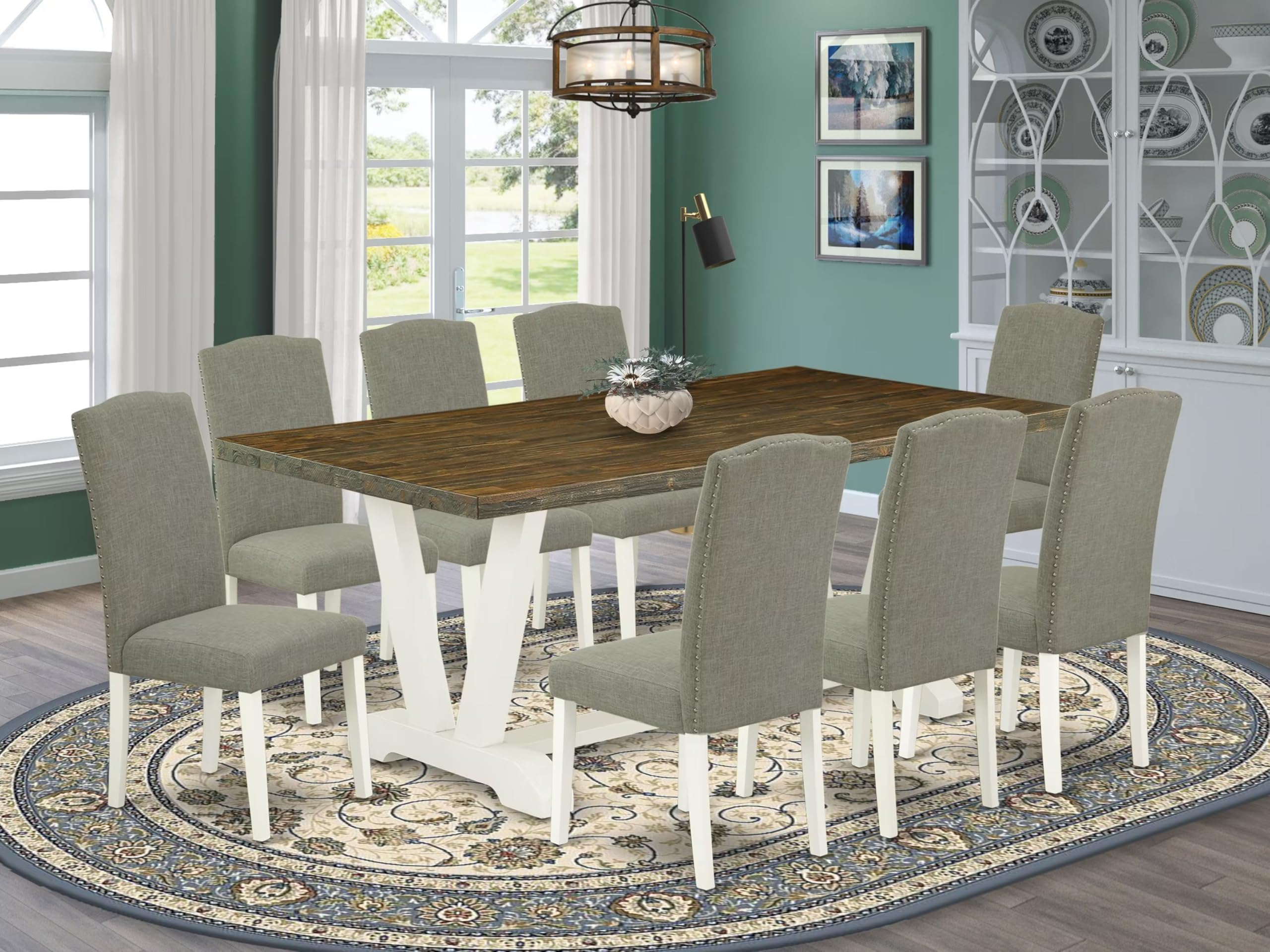 East West Furniture V077En206-9 9 Piece Modern Dining Table Set Includes A Rectangle Wooden Table With V-Legs And 8 Dark Shitake Linen Fabric Parsons Dining Chairs, 40X72 Inch, Multi-Color