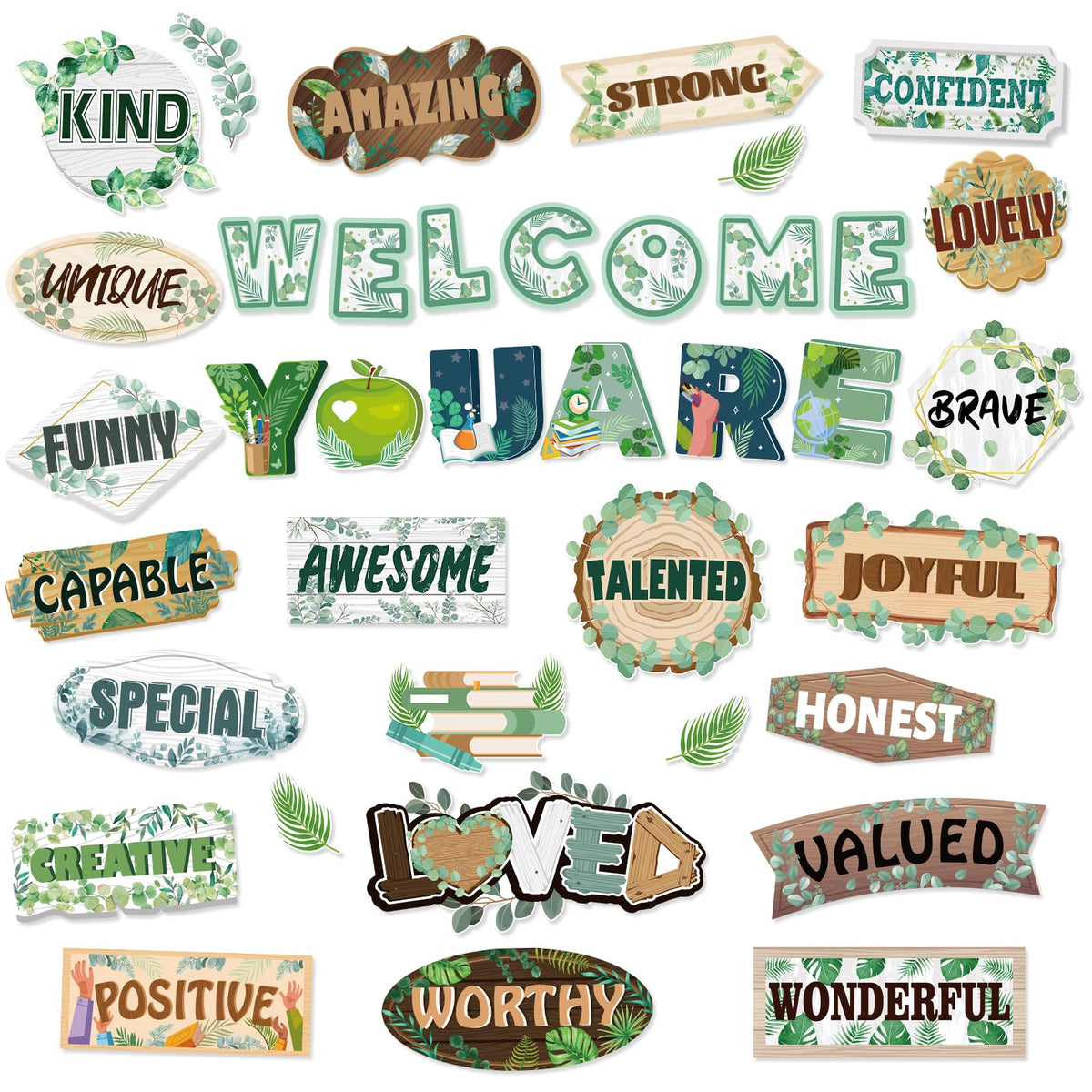 Howaf 39Pcs Eucalyptus Affirmation Station Bulletin Board Set, Inspirational Cutouts For Welcome Back To School Classroom Decor,