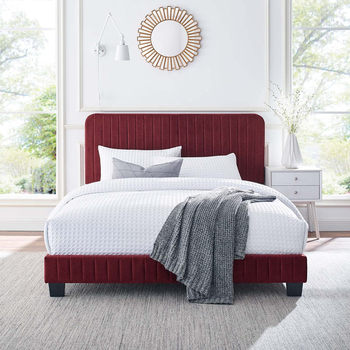 Modway Celine Channel Tufted Performance Velvet Twin Platform Bed in Maroon