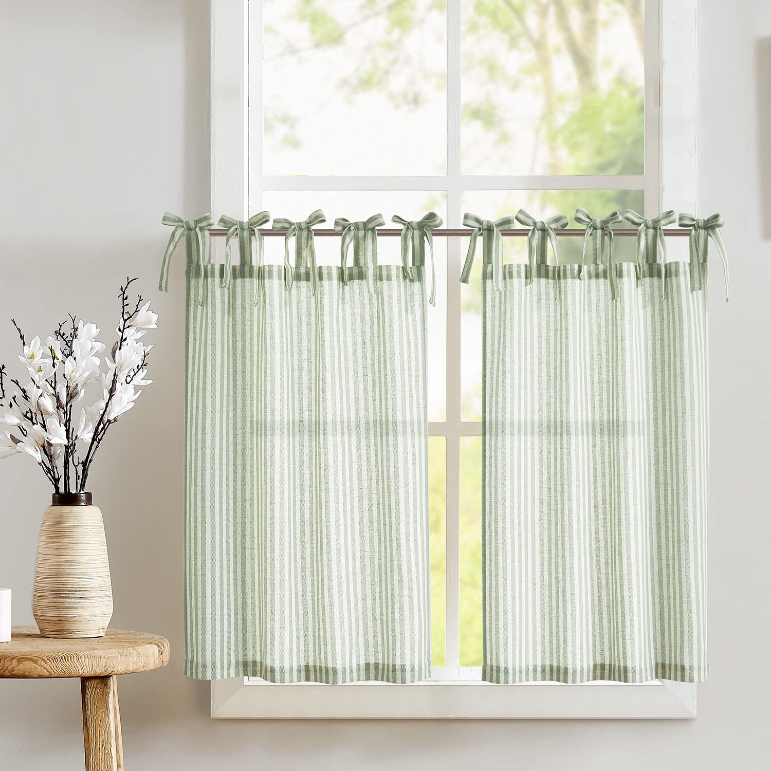 Jinchan Kitchen Curtains 36 Inch Length Striped Tie Top Linen Tier Curtains Short Curtains For Living Room Bedroom Bathroom Farmhouse Light Filtering Rod Pocket Cafe Curtains 2 Panels Sage On Beige