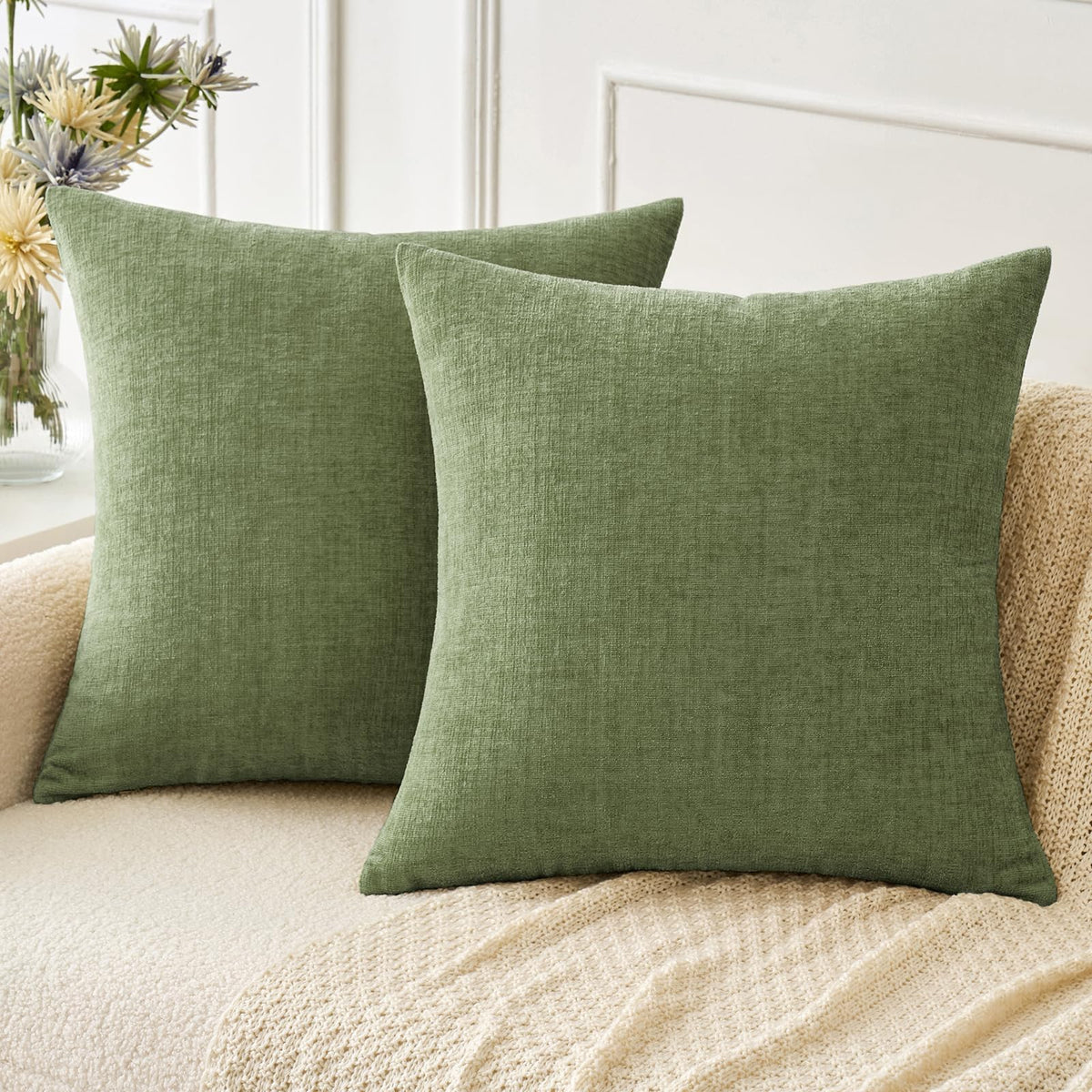 Miulee Pack Of 2 Couch Throw Pillow Covers 20X20 Inch Soft Sage Green Chenille Christmas Pillow Covers For Sofa Living Room Soli