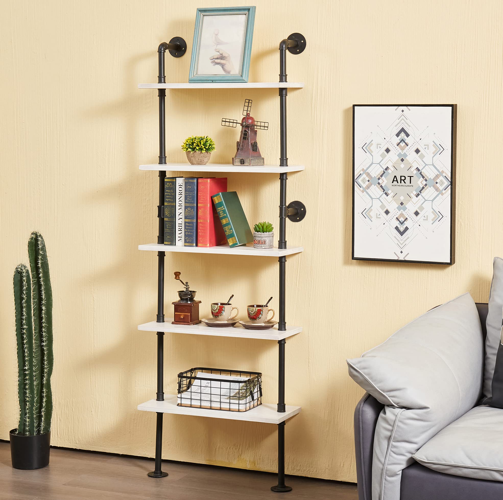 Anynice Pipe Shelves, 5 Tier Industrial Ladder Bookcase, Wall Mounted Metal Wood Rustic Bookshelf (White, 5 Tier - 10 D x 24 W x