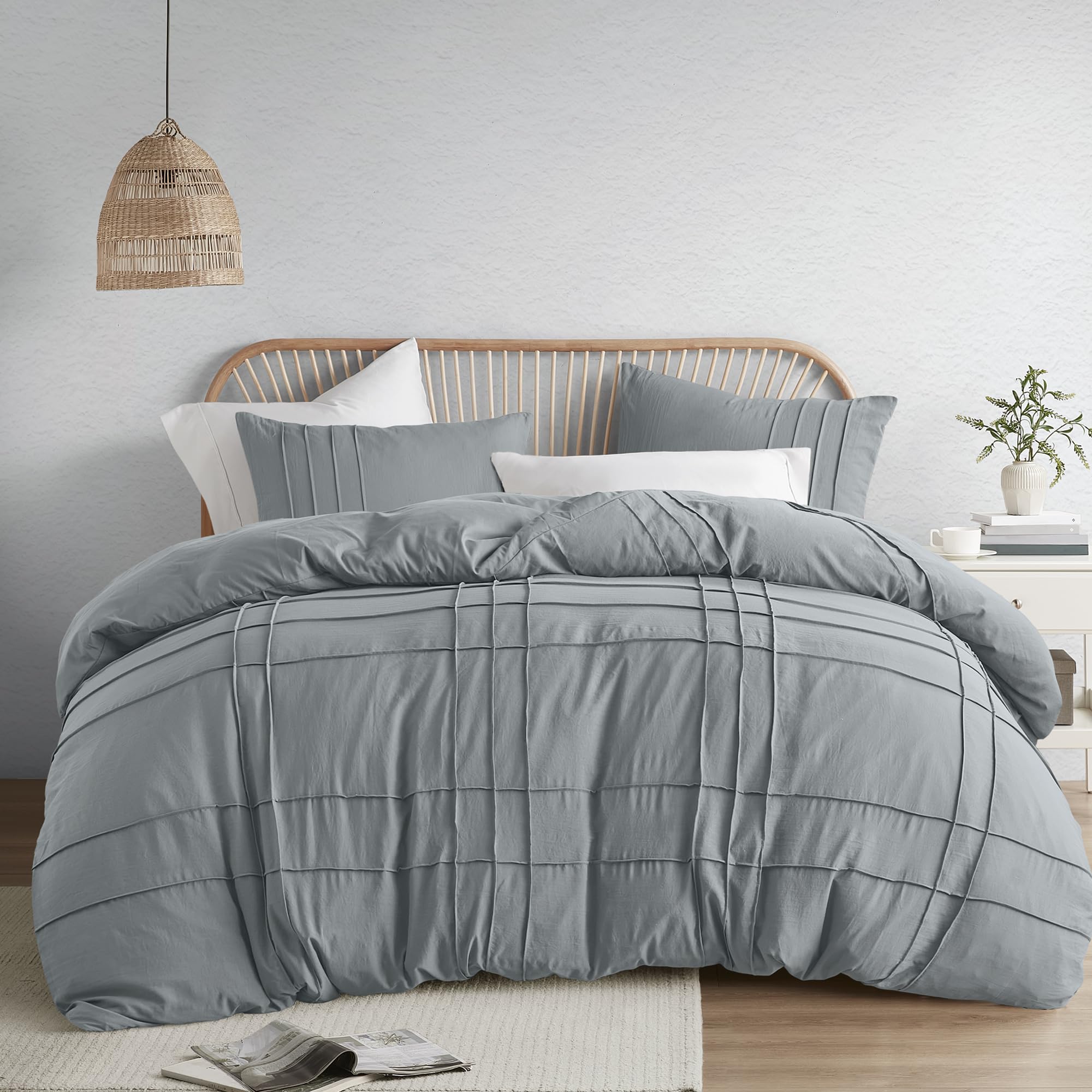 Comfort Spaces Blue/Grey Full Size Duvet Cover Set - 3-Pc Pintuck Pleated Duvet Cover, All Season Lightweight, Extra Softness Pr