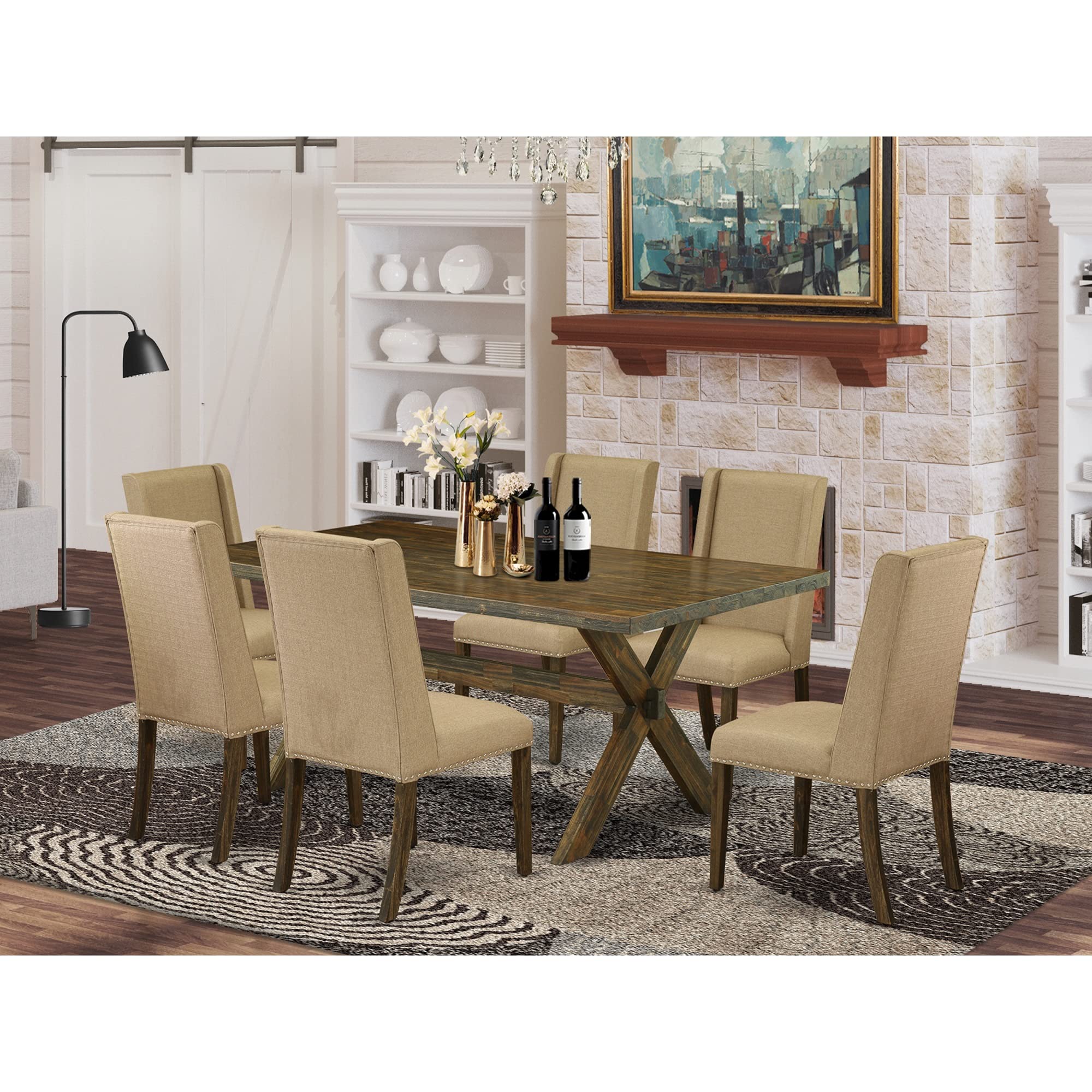 East West Furniture X-Style 7 Piece Set Consist Of A Rectangle Dining Room Table With X-Legs And 6 Dark Gotham Linen Fabric Upholstered Parson Chairs, 36X60 Inch, X696Ga650-7
