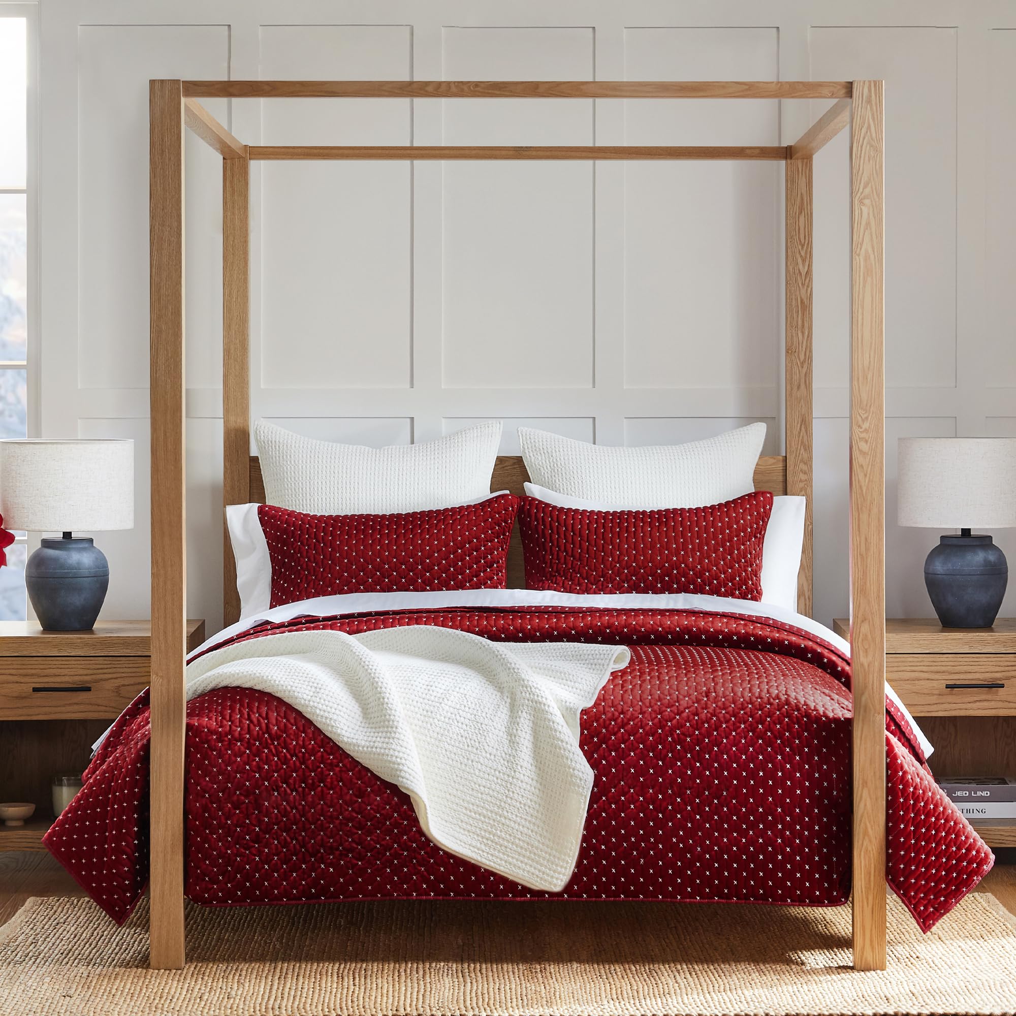 Levtex Home - Cross Stitch Velvet Red Quilt Set - King Quilt + Two King Pillow Shams - Cross Stitched Pattern - Quilt Size (106X