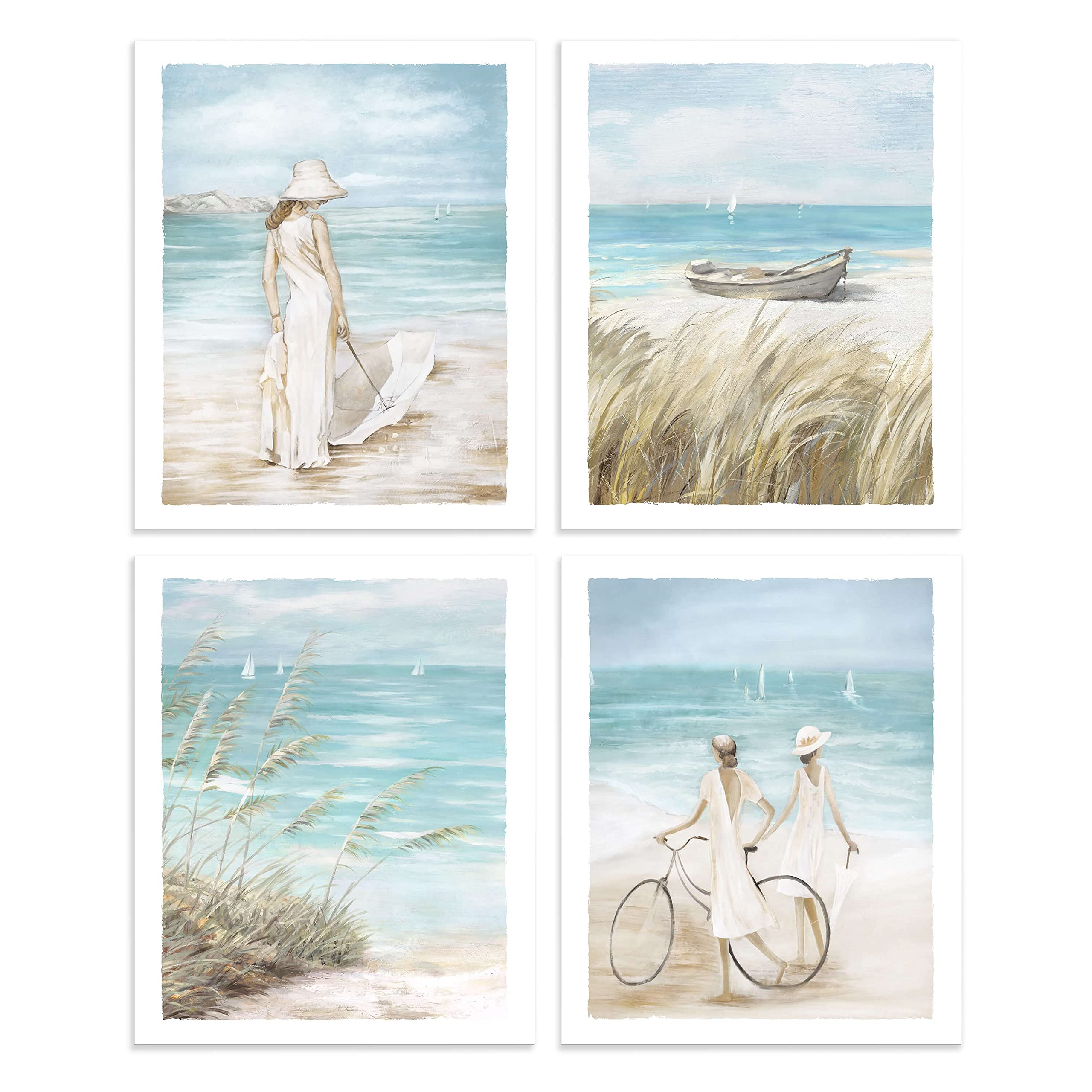 Color Play Beach Wall Art Coastal Picture: Seascape Ocean Prints Wall Decor Women Walking on the Beach Artwork Sea White Sailboa