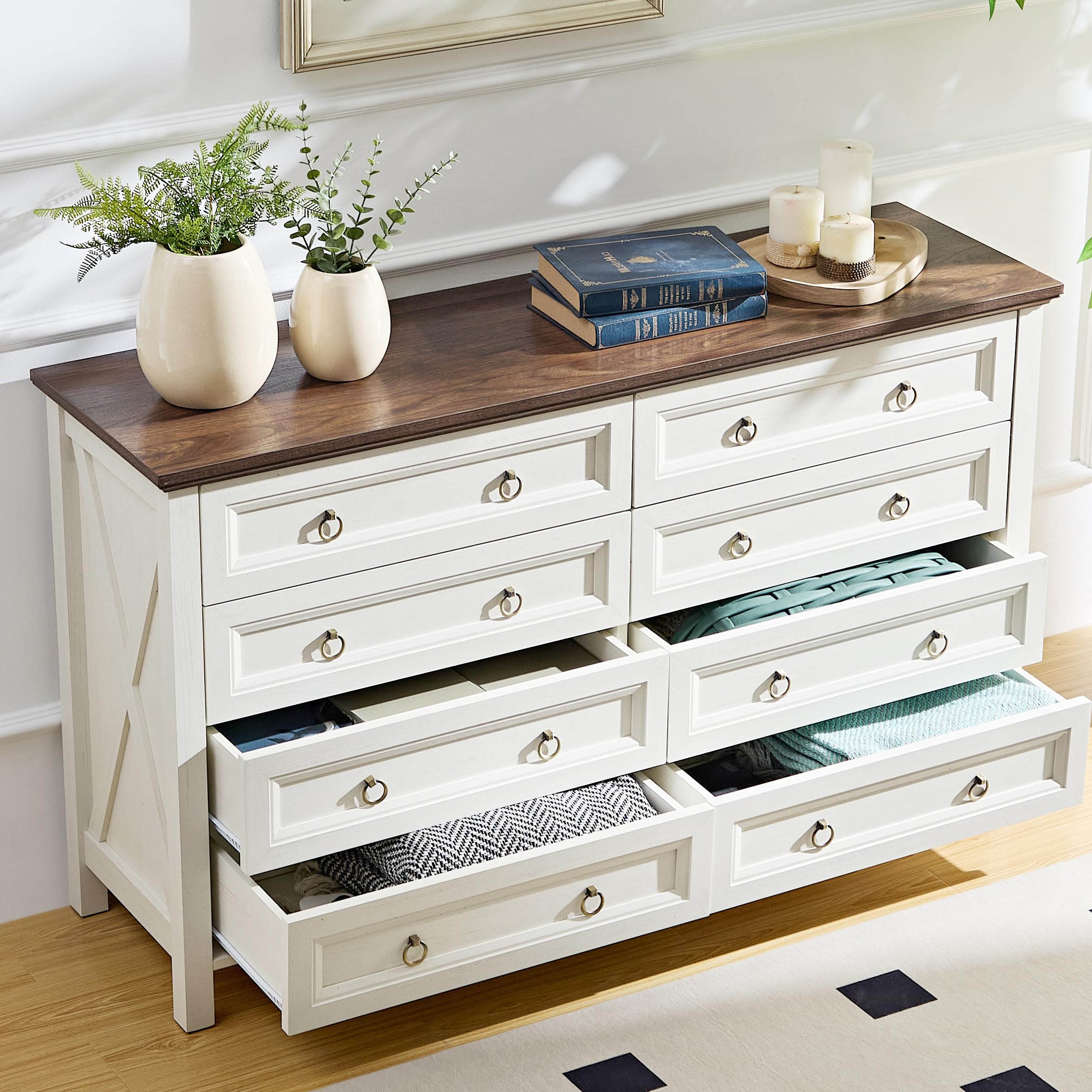 Okyci Farmhouse 8 Drawer Dresser For Bedroom, Large Wood Chest Of Drawers With 1.2 ' Thickened Top - 54 ' W X 31.5 ' H, Antiq