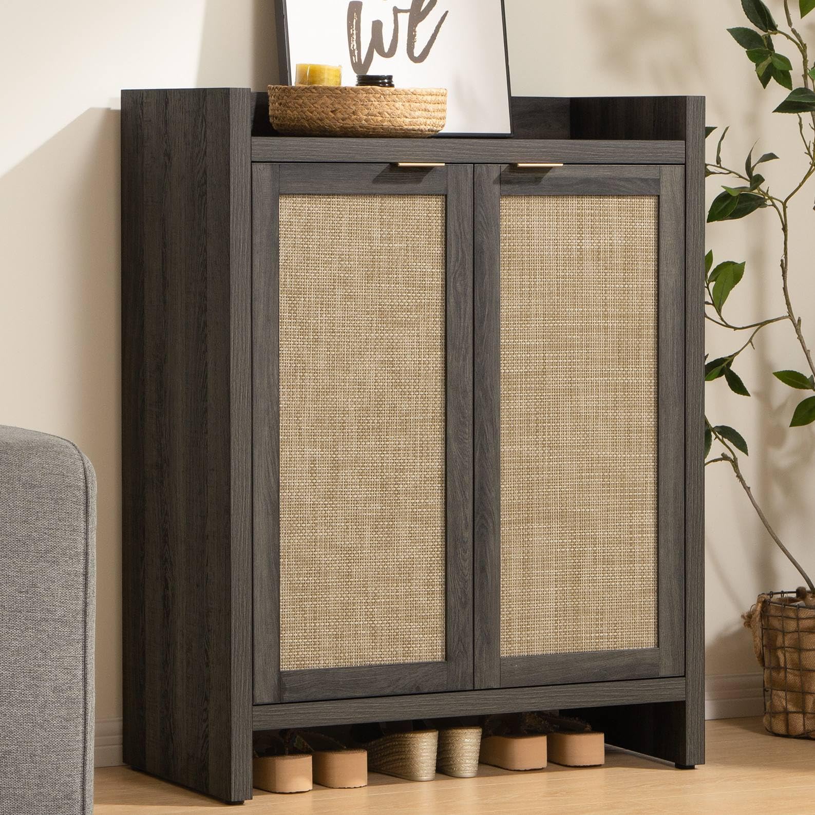 SICOTAS 41  Tall Shoe Cabinet, 24 Pair Shoe Storage Cabinet with Doors and 6-Tier Shelves, Rattan Shoe Cabinet Storage for Entry