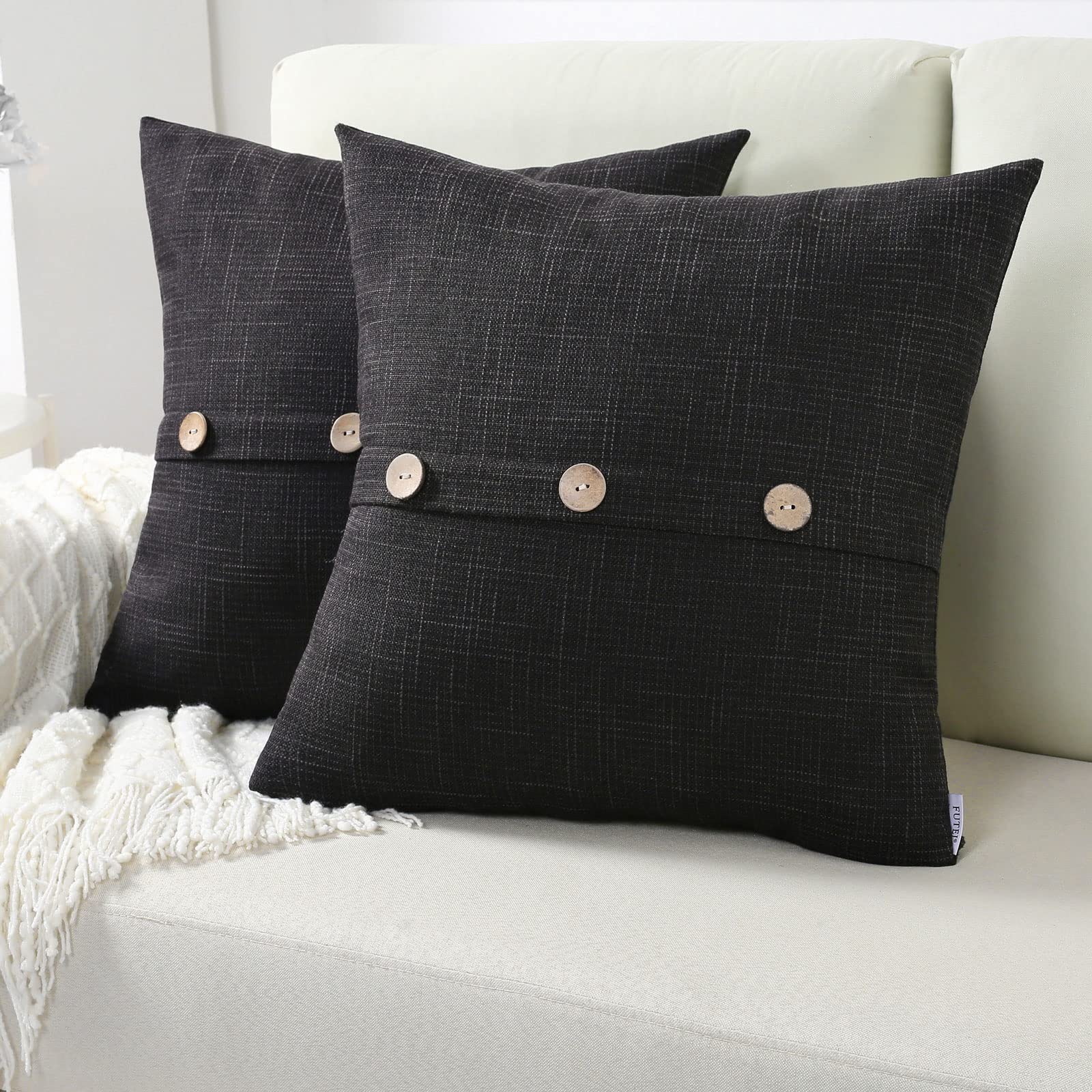 Futei Black Linen Decorative Throw Pillow Covers 12X12 Inch Set Of 2, Square Cushion Case With Vintage Button/Zipper,Modern Farm
