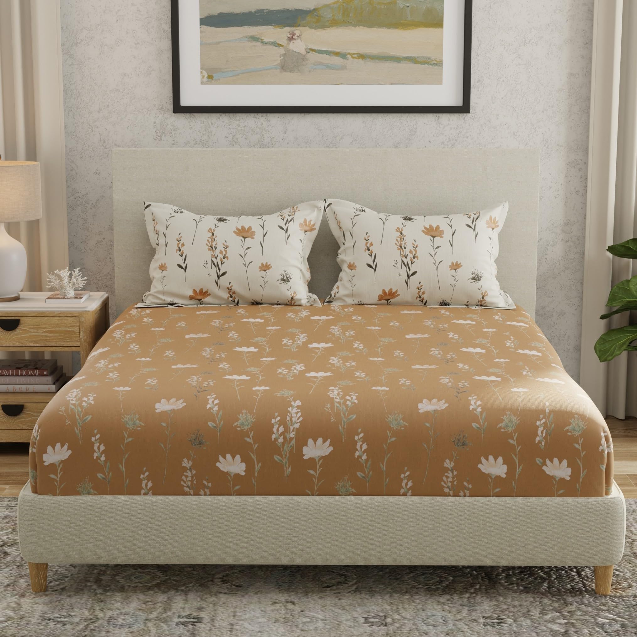 Huesland By Ahmedabad Cotton 144 Tc Cotton Bedsheet For Double Bed King Size With 2 Pillow Covers | Tangerine Orange, White