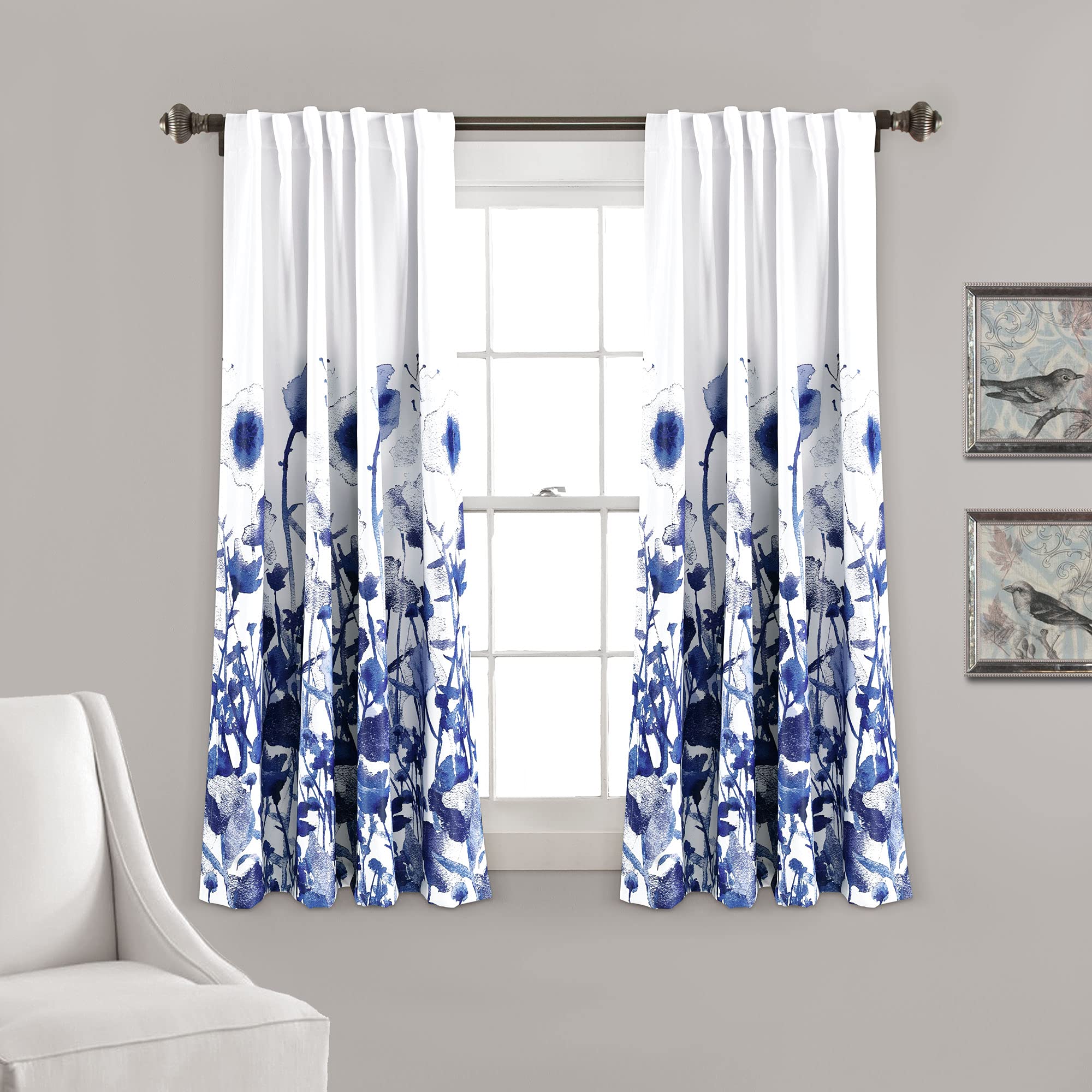Lush Decor Zuri Flora Light Filtering Window Curtain Panel Pair, 63' Long X 52' Wide, Navy