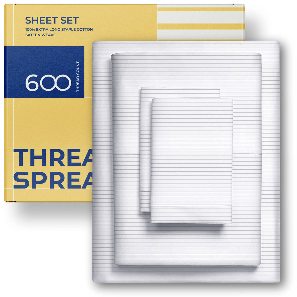 Thread Spread 100% Egyptian Cotton Printed Bed Sheets - 600 Thread Count 4 Pc Queen Sheet Set, Hotel Luxury Sateen Bedsheets, 16' Deep Pocket Cooling Sheets For Queen Size Bed - Pinstripe - Light Grey