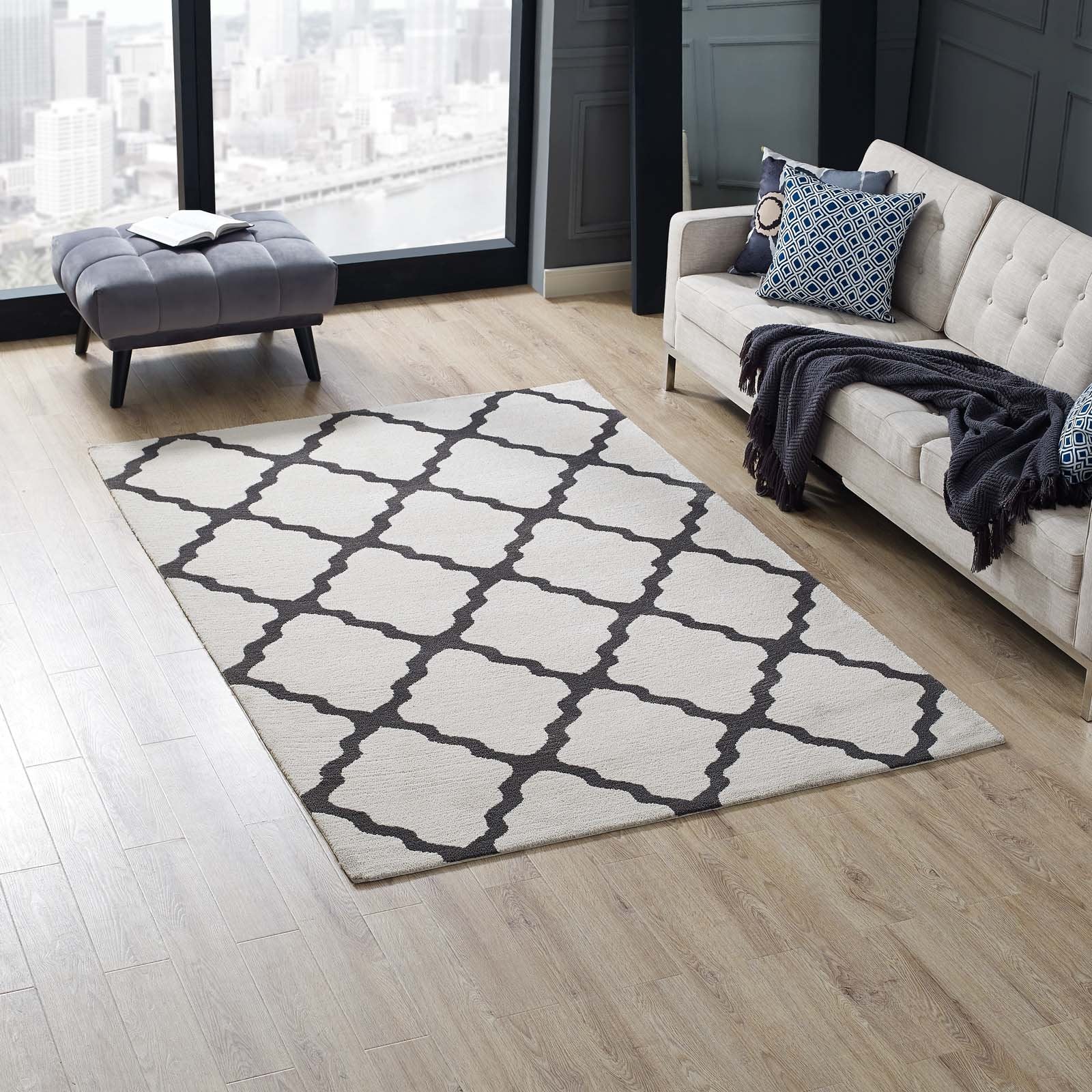 Modway Marja Moroccan Trellis 5X8 Area Rug With Lattice Design In Ivory And Charcoal