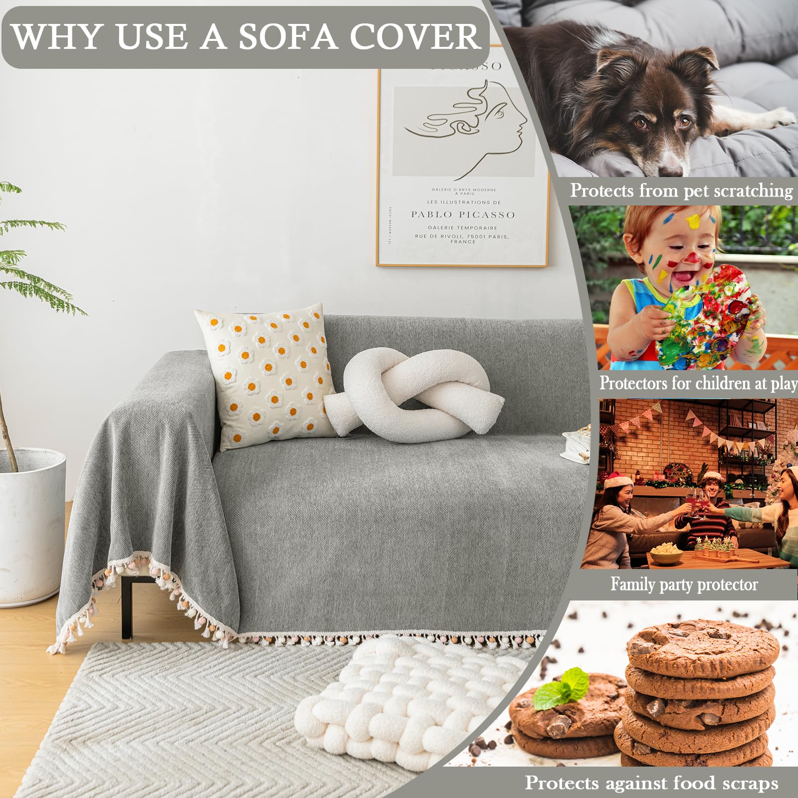 Handontime Couch Slipcovers For Sofas Dark Grey Couch Cover Sofa Cover For Dogs Boho Pet Couch Protector With Tassel Couch Throw Cover Chenille Herringbone Couch Cover Sofa 2 3 Seat Cover, 71' X118'