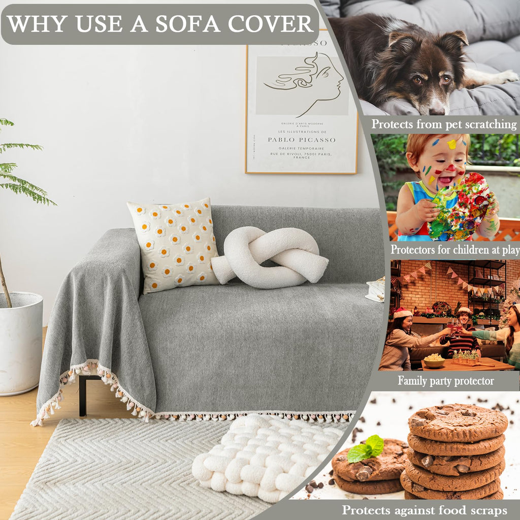 Handontime Couch Slipcovers For Sofas Dark Grey Couch Cover Sofa Cover For Dogs Boho Pet Couch Protector With Tassel Couch Throw Cover Chenille Herringbone Couch Cover Sofa 2 3 Seat Cover, 71' X134'