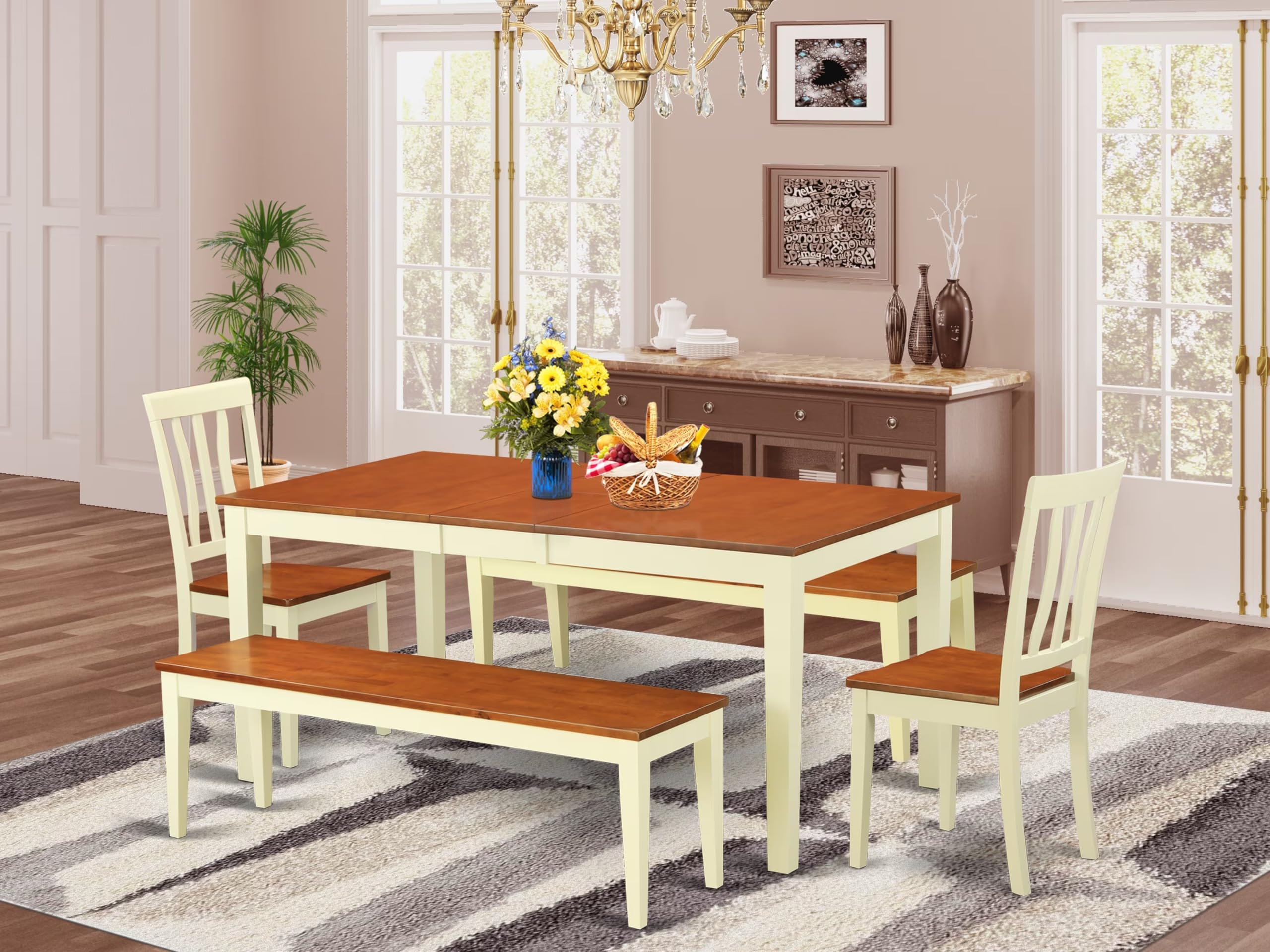 East West Furniture NIAN5N-WHI-W 5 Piece Dining Table Set for 4 Includes a Rectangle Kitchen Table with Butterfly Leaf and 2 Dining Chairs with 2 Benches, 36x66 Inch, Buttermilk & Cherry