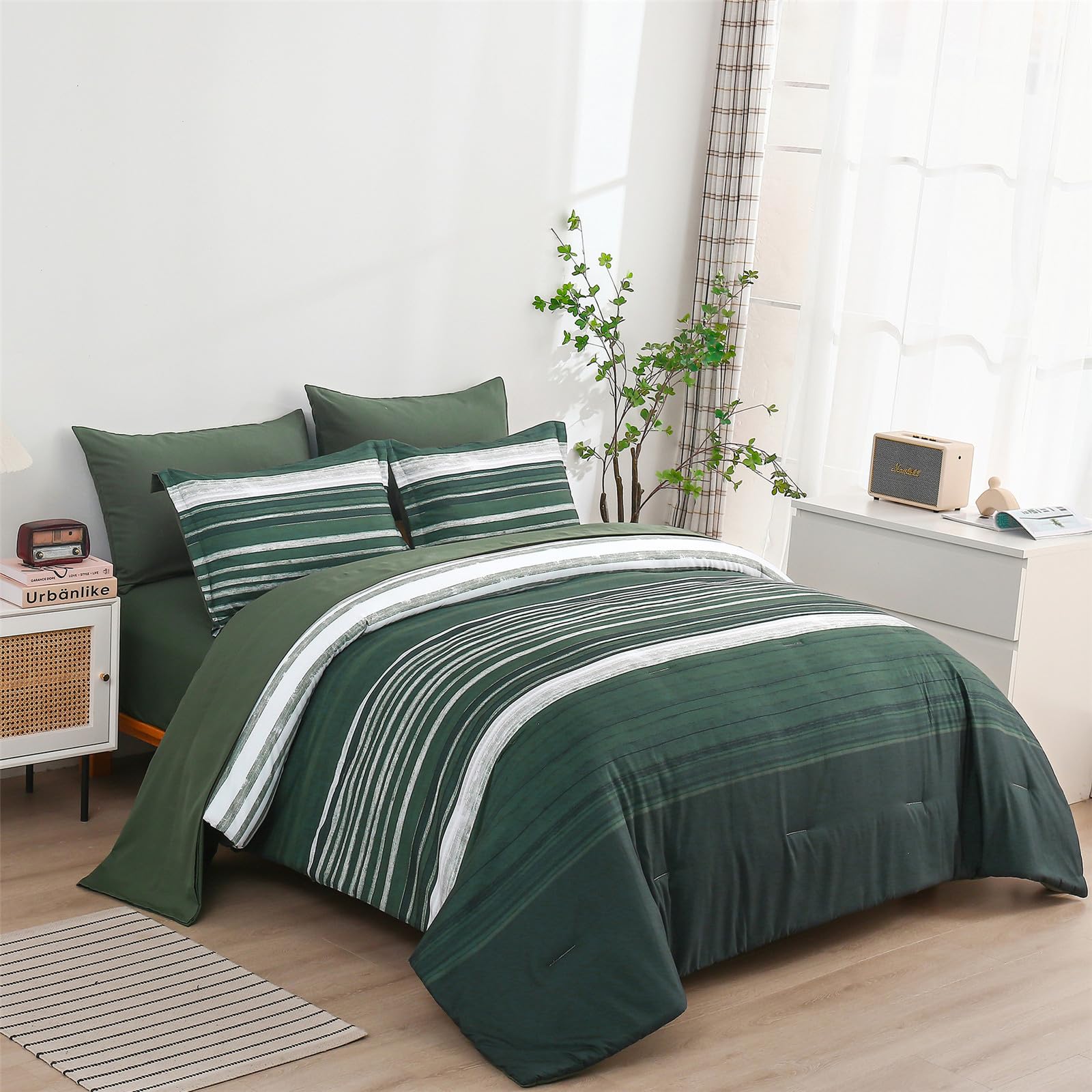 Kakijumn 7 Piece Bed In A Bag Stripe Comforter Set Queen Size, White Grey Green Patchwork Striped Comforter And Sheet Set, All S
