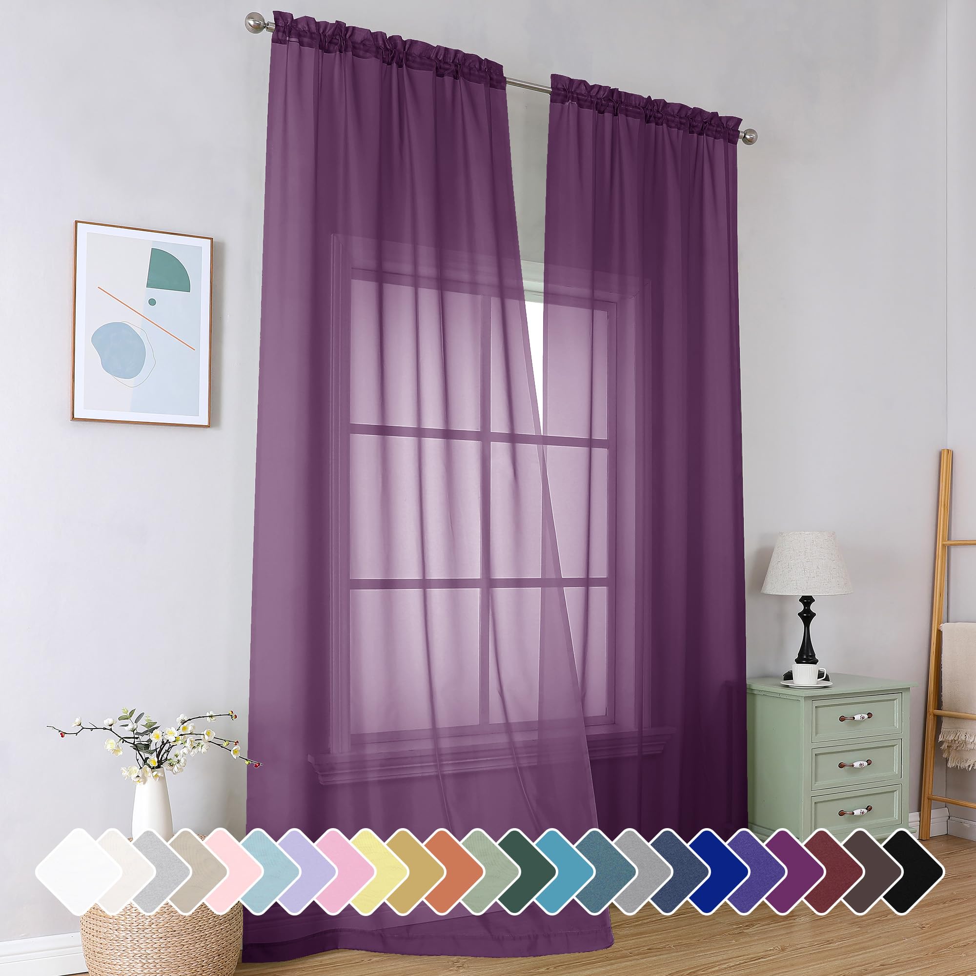Simplebrand Plum Purple Sheer Curtains 96 Inches Long 2 Panels, Light Filtering Rod Pocket Solid Color Window Sheer Curtain Pane