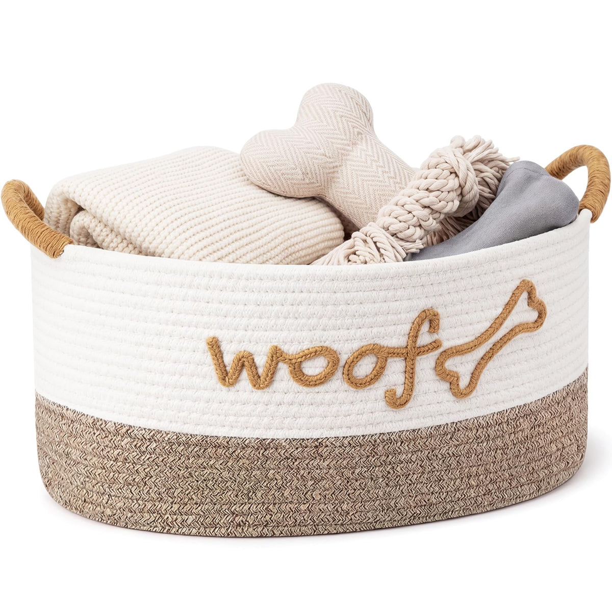 Zhehao Dog Woven Toy Basket with Handles, 19 x 11 x 9 in, White Flaxen