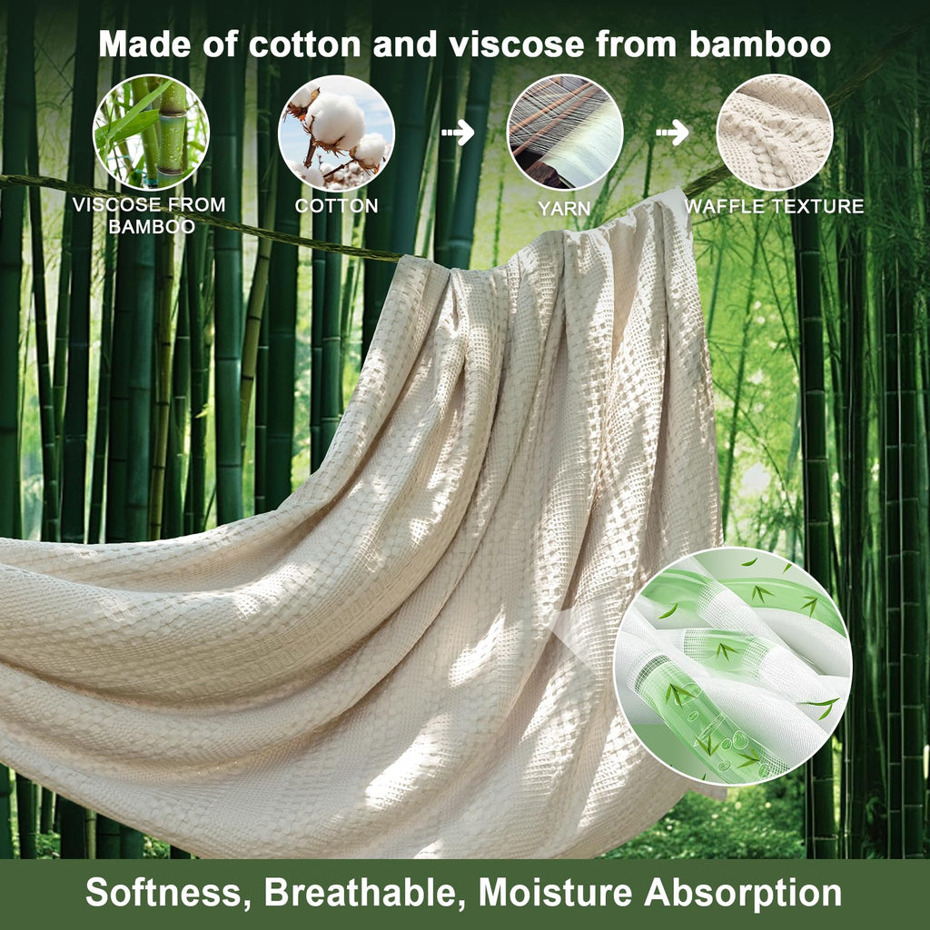 Phf Cooling Waffle Blanket Twin Size, Lightweight 60% Rayon Derived From Bamboo & 40% Cotton Breathable Blanket For Hot Sleepers, Soft And Luxury For Bed Couch And Sofa, 66'X90', Linen