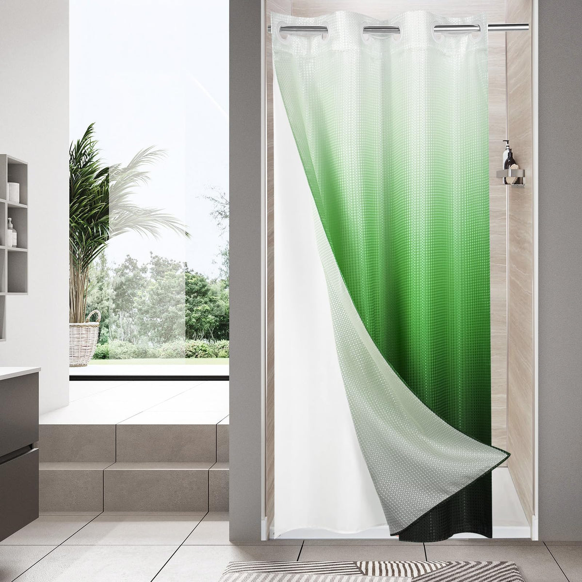 MitoVilla Emerald Green Ombre Waffle Small Stall Shower Curtain 36 x 74, No Hooks Needed Half Size Narrow Fabric Cloth Shower Cu