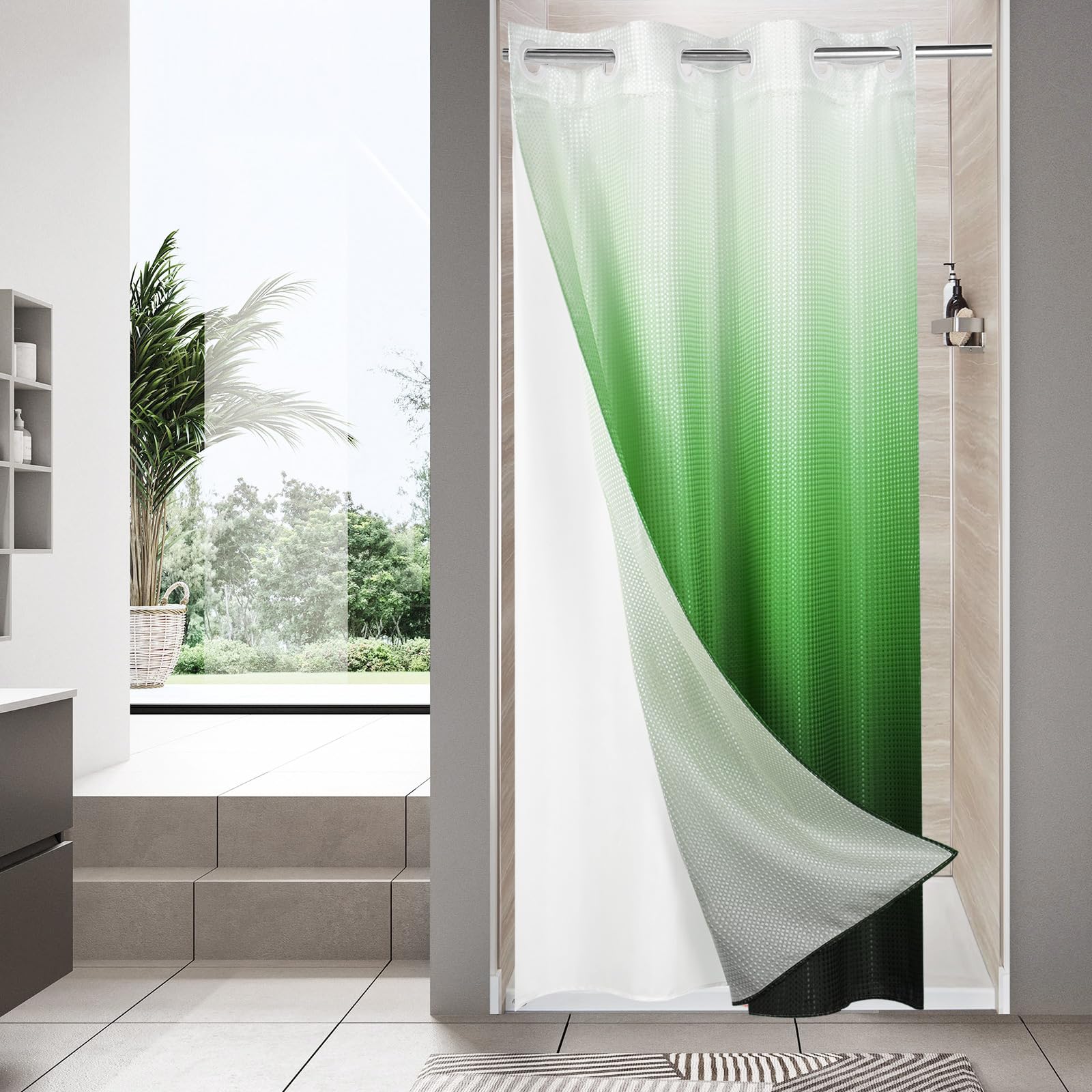 MitoVilla Emerald Green Ombre Waffle Small Stall Shower Curtain 36 x 74, No Hooks Needed Half Size Narrow Fabric Cloth Shower Cu