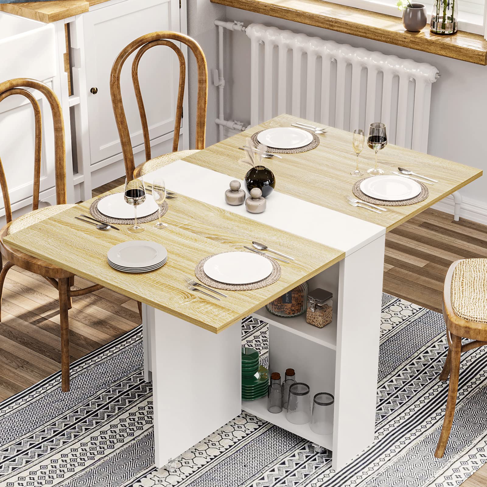 Tiptiper Folding Dining Table with 6 Casters, Drop Leaf Dining Table w ...