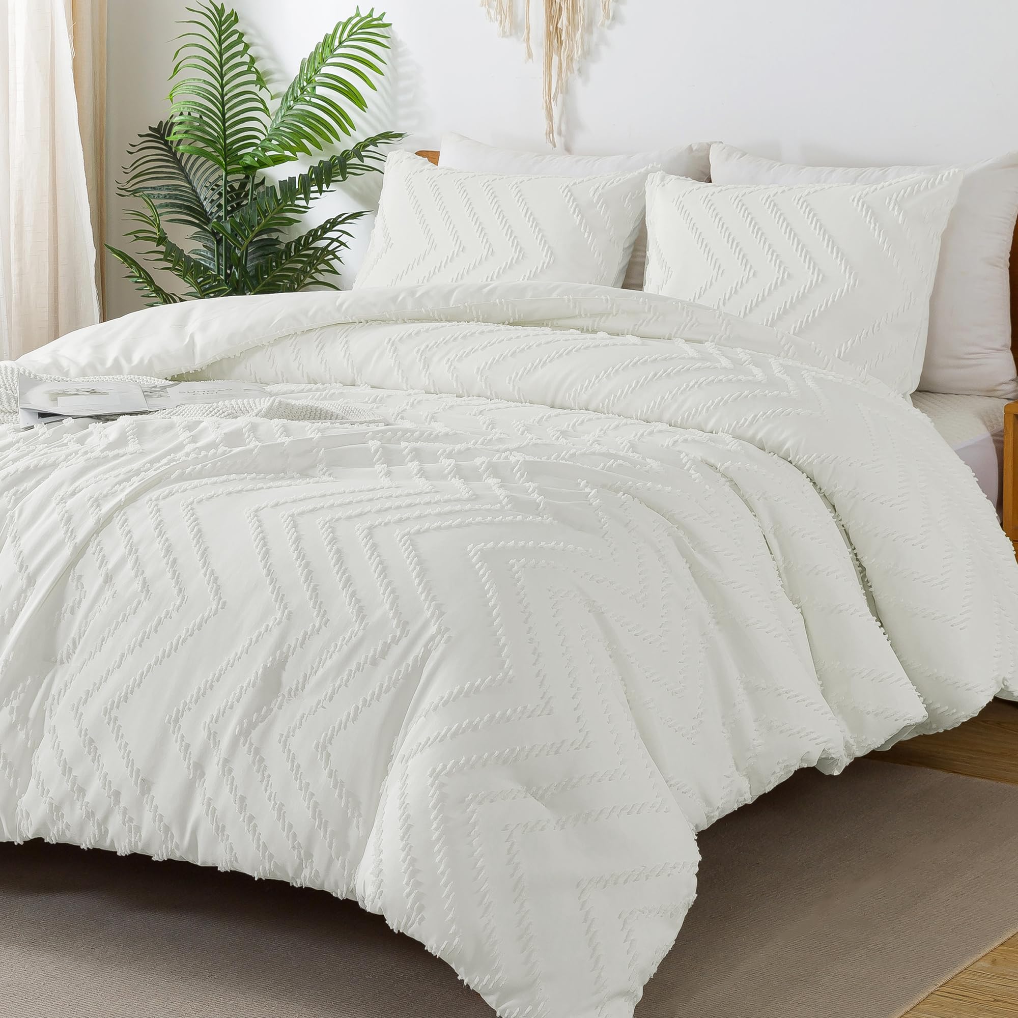 Litanika Ivory California King Comforter Set, 3 Pieces Cal King Oversized Chevron Tufted Boho Bedding Comforter Sets, Fluffy Bed
