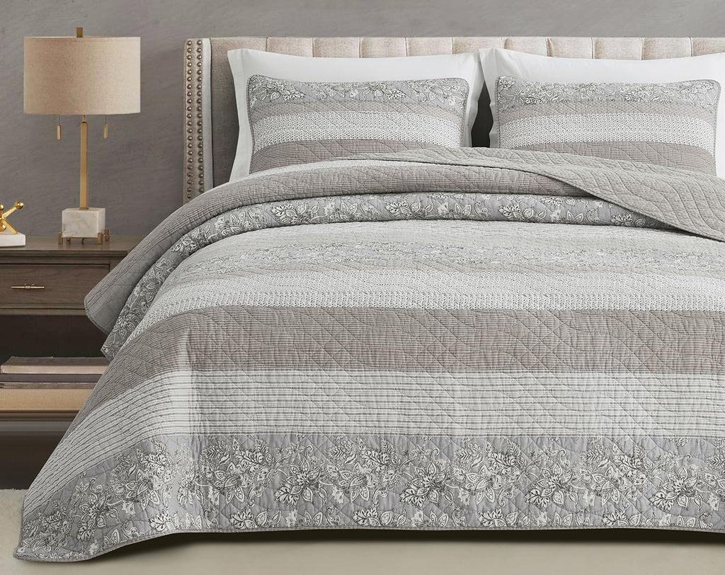 Chezmoi Collection Robyn 3-Piece Neutral Taupe Gray White Floral Hibiscus Flower Patchwork Striped Quilt Set - Pre-Washed Cotton