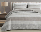 Chezmoi Collection Robyn 3-Piece Neutral Taupe Gray White Floral Hibiscus Flower Patchwork Striped Quilt Set - Pre-Washed Cotton