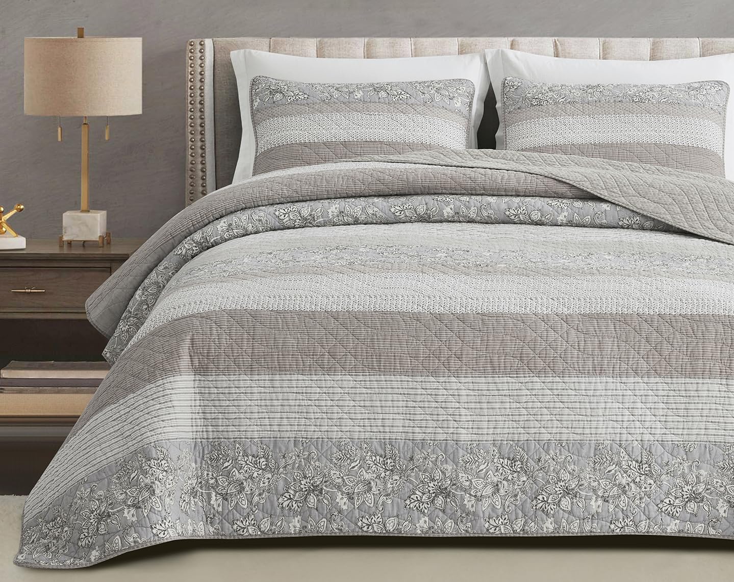 Chezmoi Collection Robyn 3-Piece Neutral Taupe Gray White Floral Hibiscus Flower Patchwork Striped Quilt Set - Pre-Washed Cotton