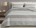 Chezmoi Collection Robyn 2-Piece Neutral Taupe Gray White Floral Hibiscus Flower Patchwork Striped Quilt Set - Pre-Washed Cotton