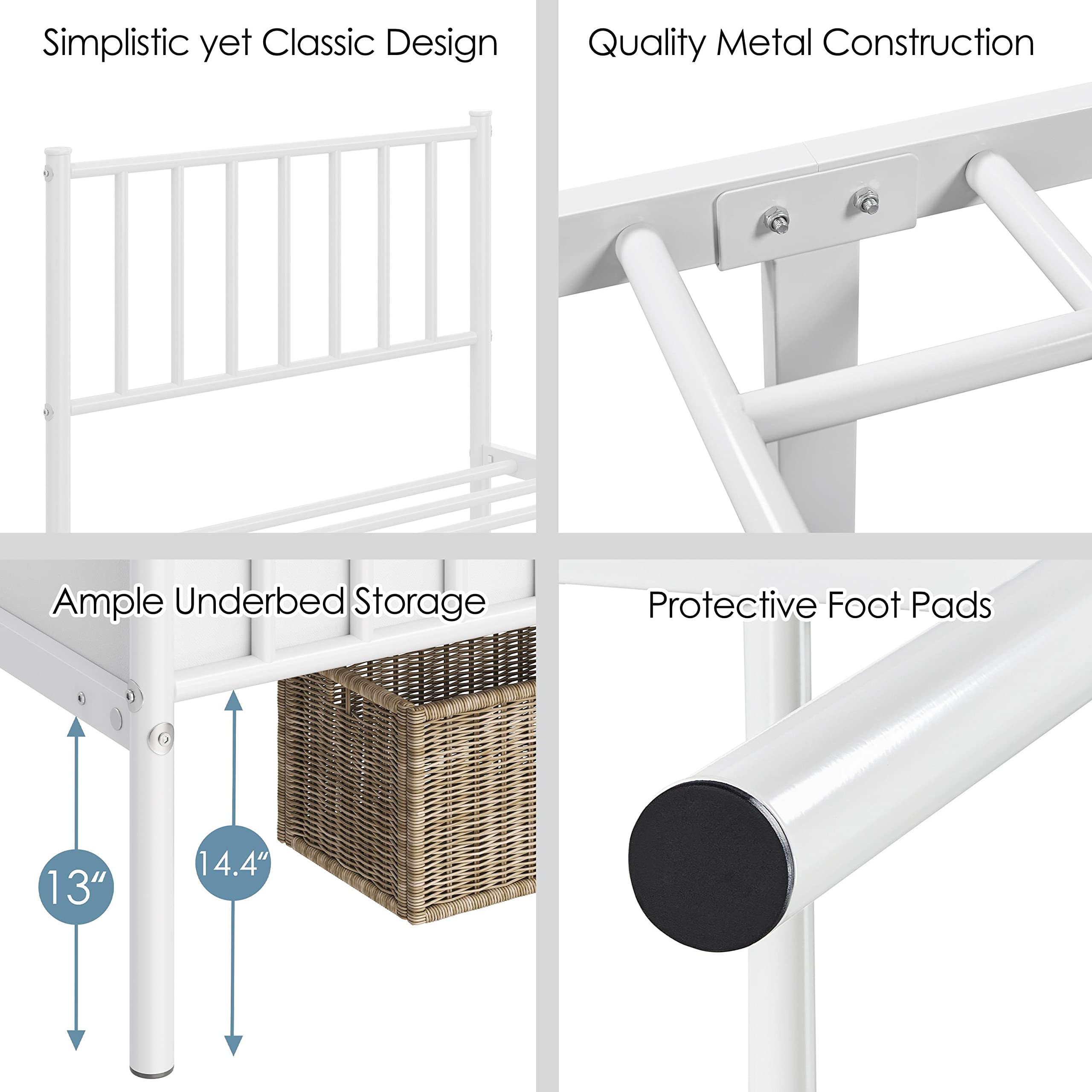 Yaheetech Twin Size Bed Frame Metal Platform Mattress Foundation With Spindle Headboard & Footboard/No Box Spring Needed/14 Inch Underbed Storage/Firm Support Easy Set Up Structure, White