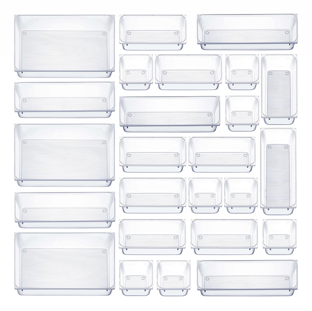 25 Pcs Clear Plastic Drawer Organizers Set, 4-Size Versatile Bathroom And Vanity Drawer Organizer Trays, Storage Bins For Makeup