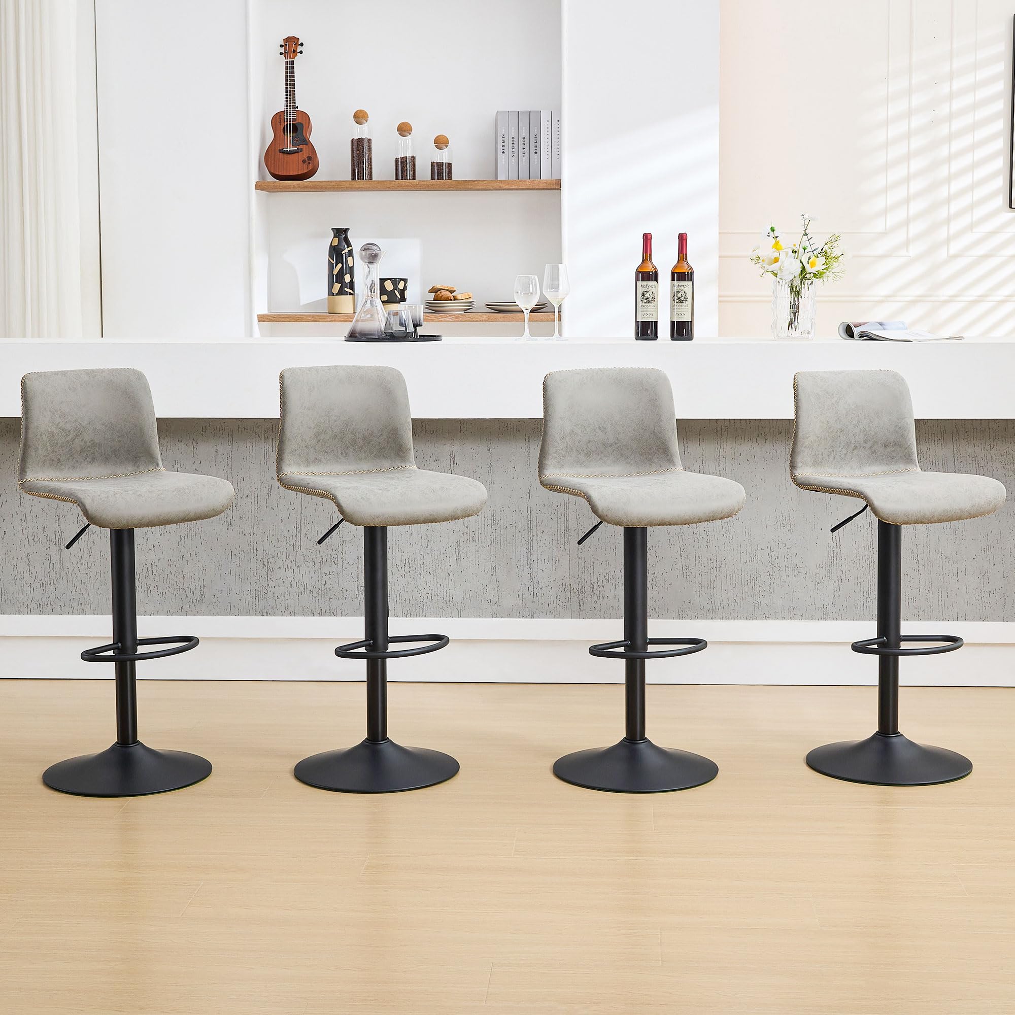 HeuGah Swivel Bar Stools Set of 4, Counter Height Bar Stools with Back, Adjustable Bar Stools 24 to 32, Gray Faux Leather Bar St