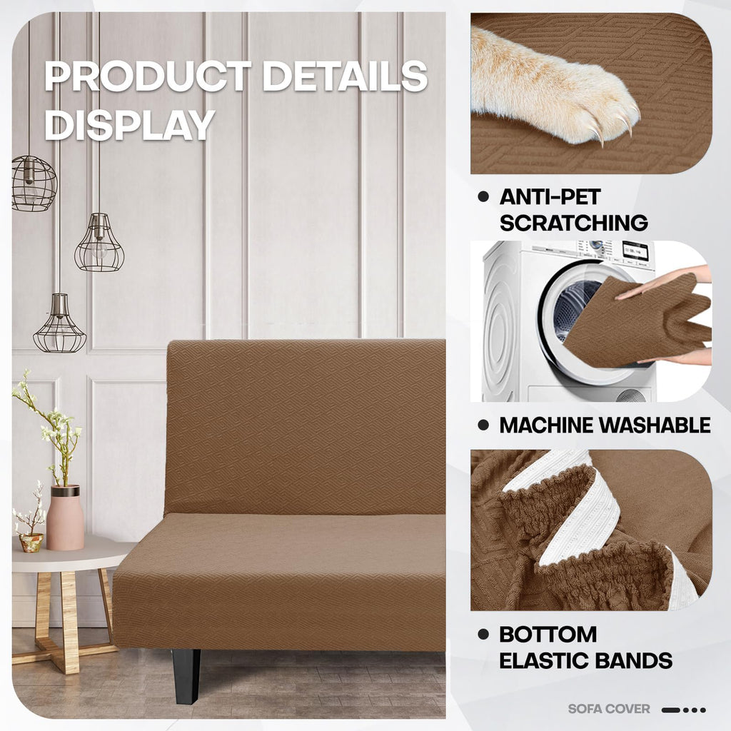 Znsayotx Armless Futon Covers Full Size (67'-82') Stretch Jacquard Sofa Bed Slipcovers, Striped Queen Futon Cover With Non-Slip Elastic Bottom, Soft Cozy Futon Mattress Cover Washable (Light Coffee)